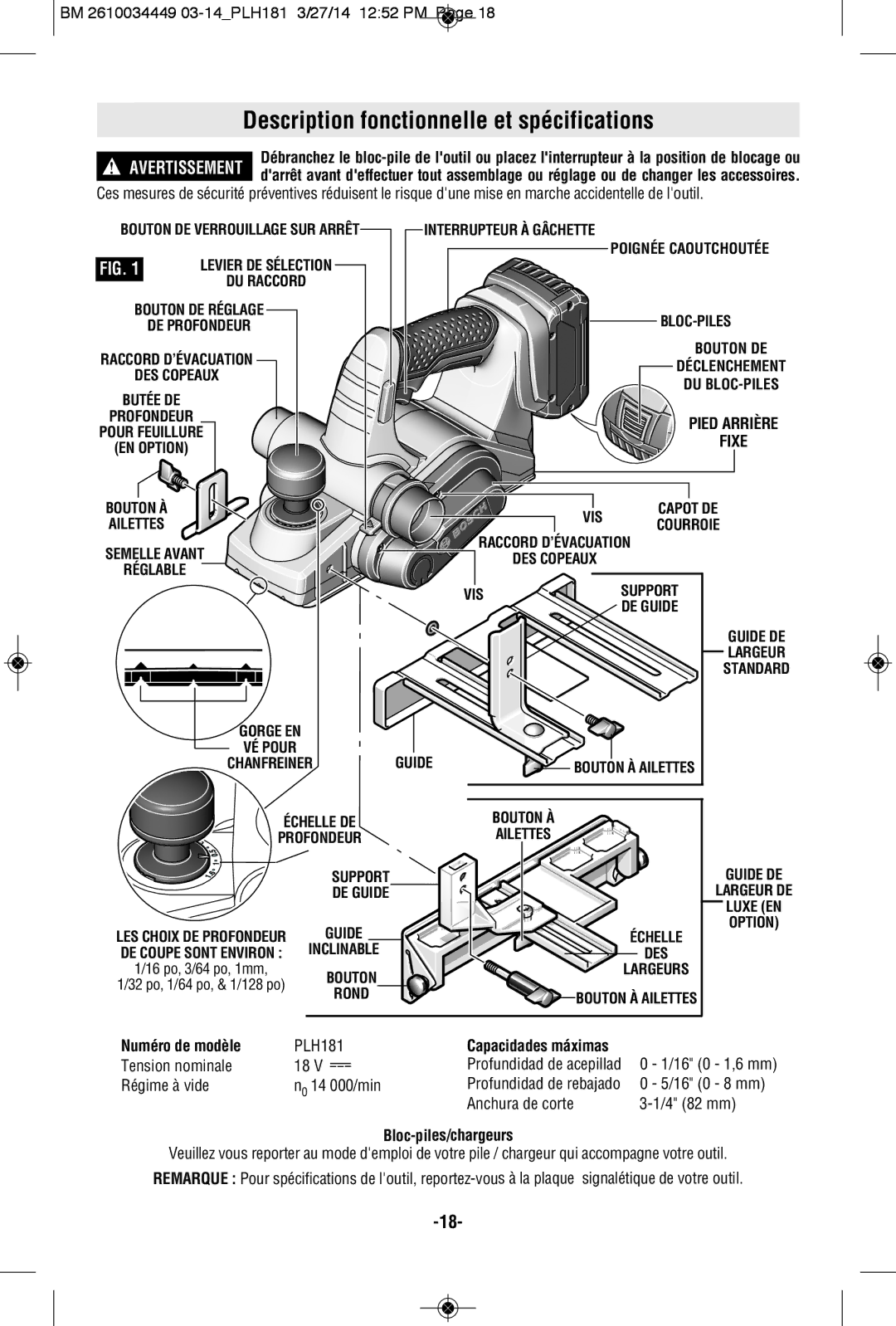 Bosch Power Tools PLH181BL, PLH181BN Description fonctionnelle et spécifications, Pied Arrière, Fixe, Numéro de modèle 