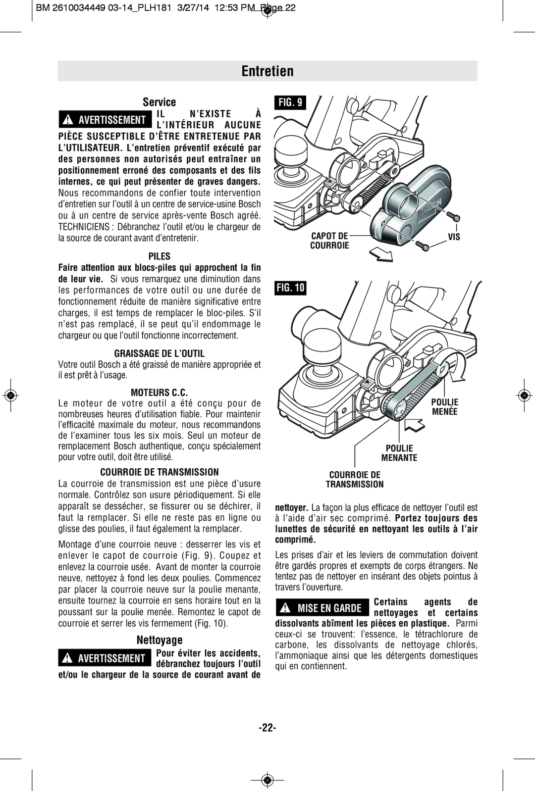 Bosch Power Tools PLH181BL, PLH181BN, PLH181K manual Entretien, Nettoyage 