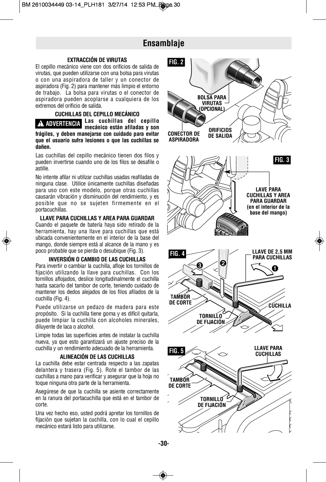 Bosch Power Tools PLH181BL Ensamblaje, Extracción DE Virutas, Cuchillas DEL Cepillo Mecánico, Alineación DE LAS Cuchillas 