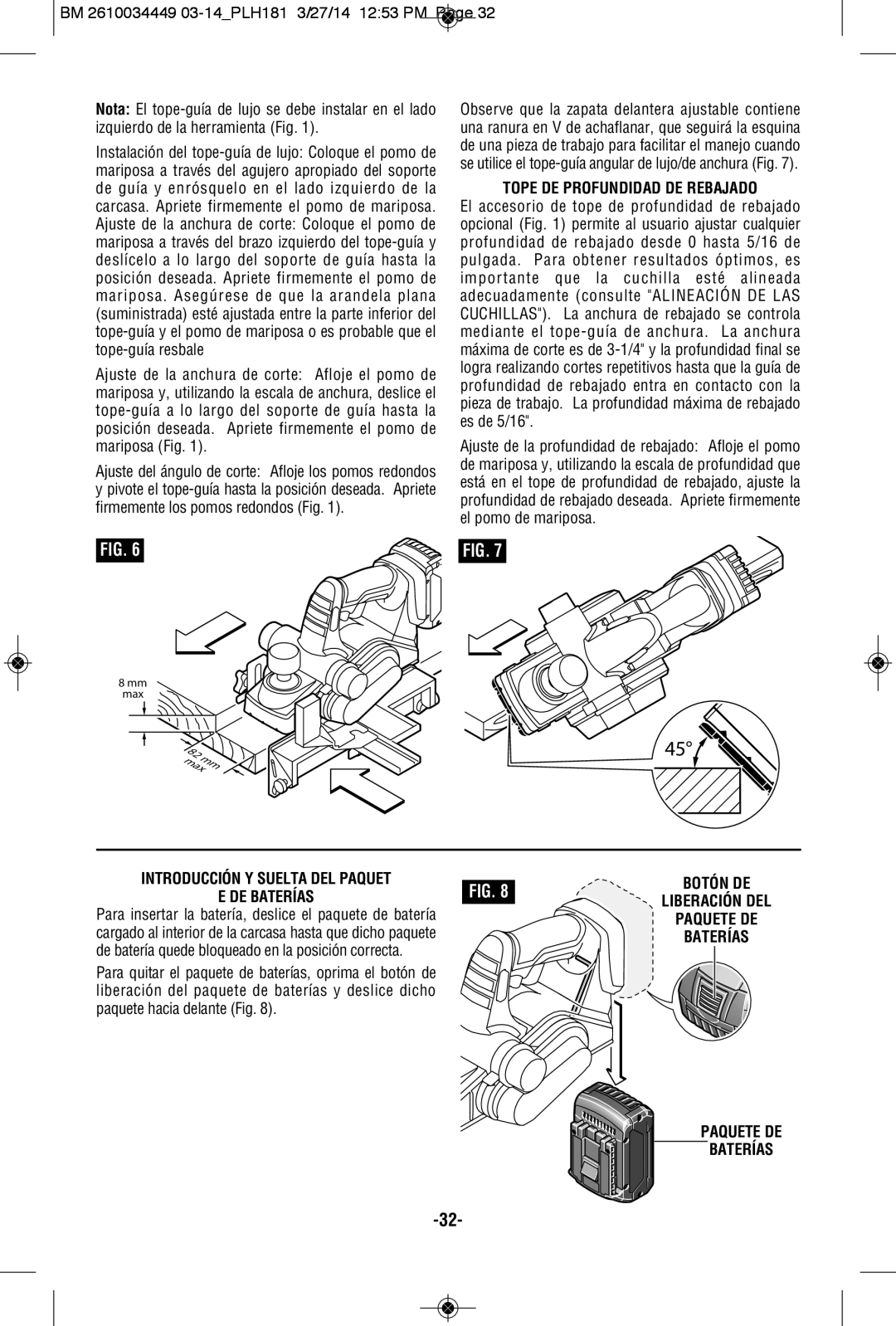 Bosch Power Tools PLH181BN, PLH181K manual Tope DE Profundidad DE Rebajado, Introducción Y Suelta DEL Paquet DE Bateríasfig 