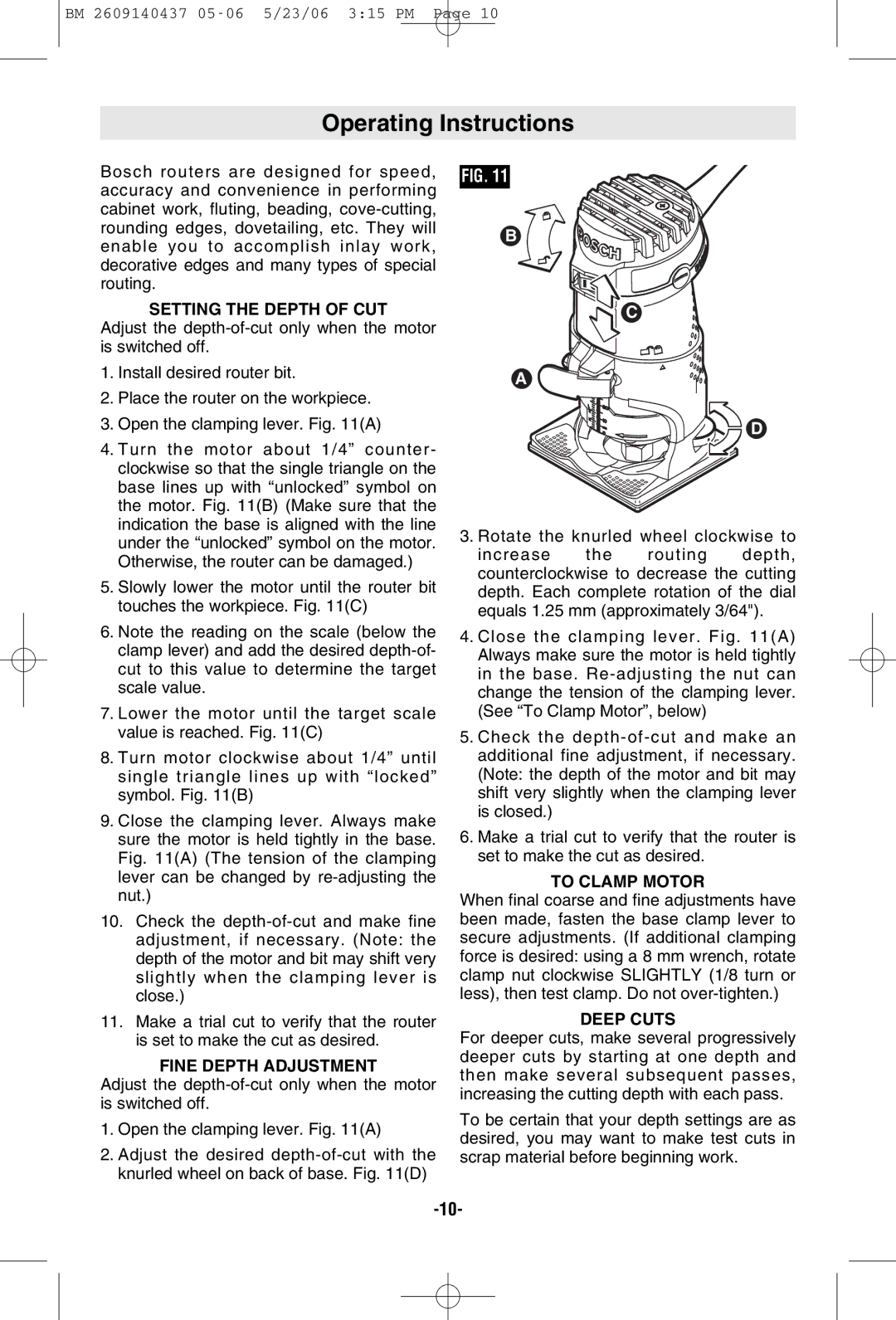 Bosch Power Tools PR20EVSK, PR10E Operating Instructions, Setting the Depth of CUT, Fine Depth Adjustment, To Clamp Motor 