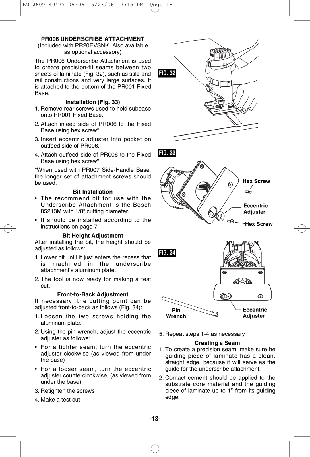 Bosch Power Tools PR20EVSNK, PR20EVSK Installation Fig, Bit Installation, Bit Height Adjustment, Front-to-Back Adjustment 