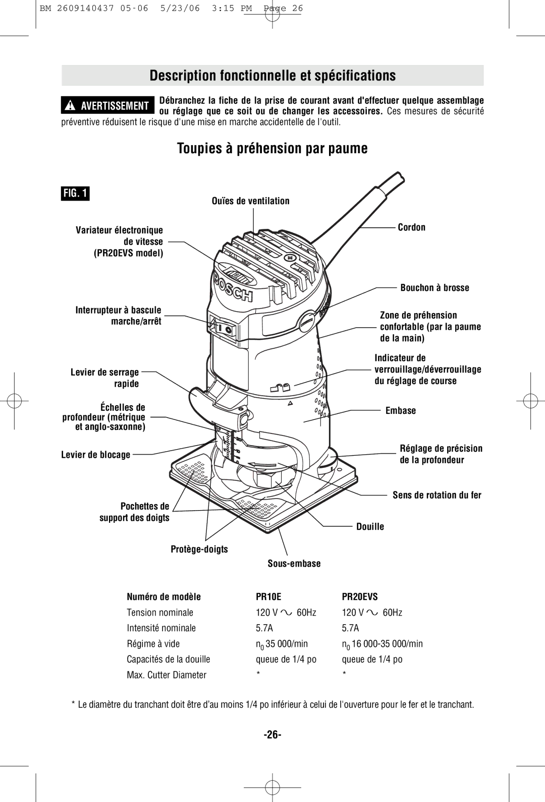 Bosch Power Tools PR10E, PR20EVSNK, PR20EVSK Description fonctionnelle et spécifications, Toupies à préhension par paume 