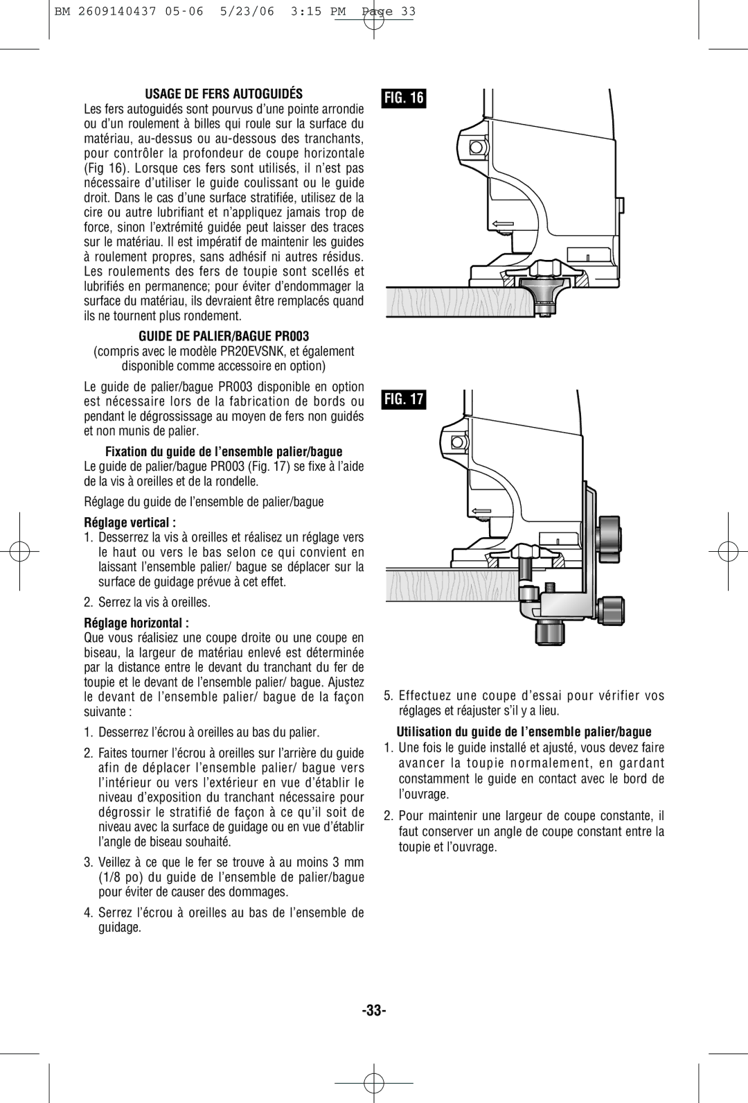 Bosch Power Tools PR20EVSNK Usage DE Fers Autoguidés, Guide DE PALIER/BAGUE PR003, Réglage vertical, Réglage horizontal 