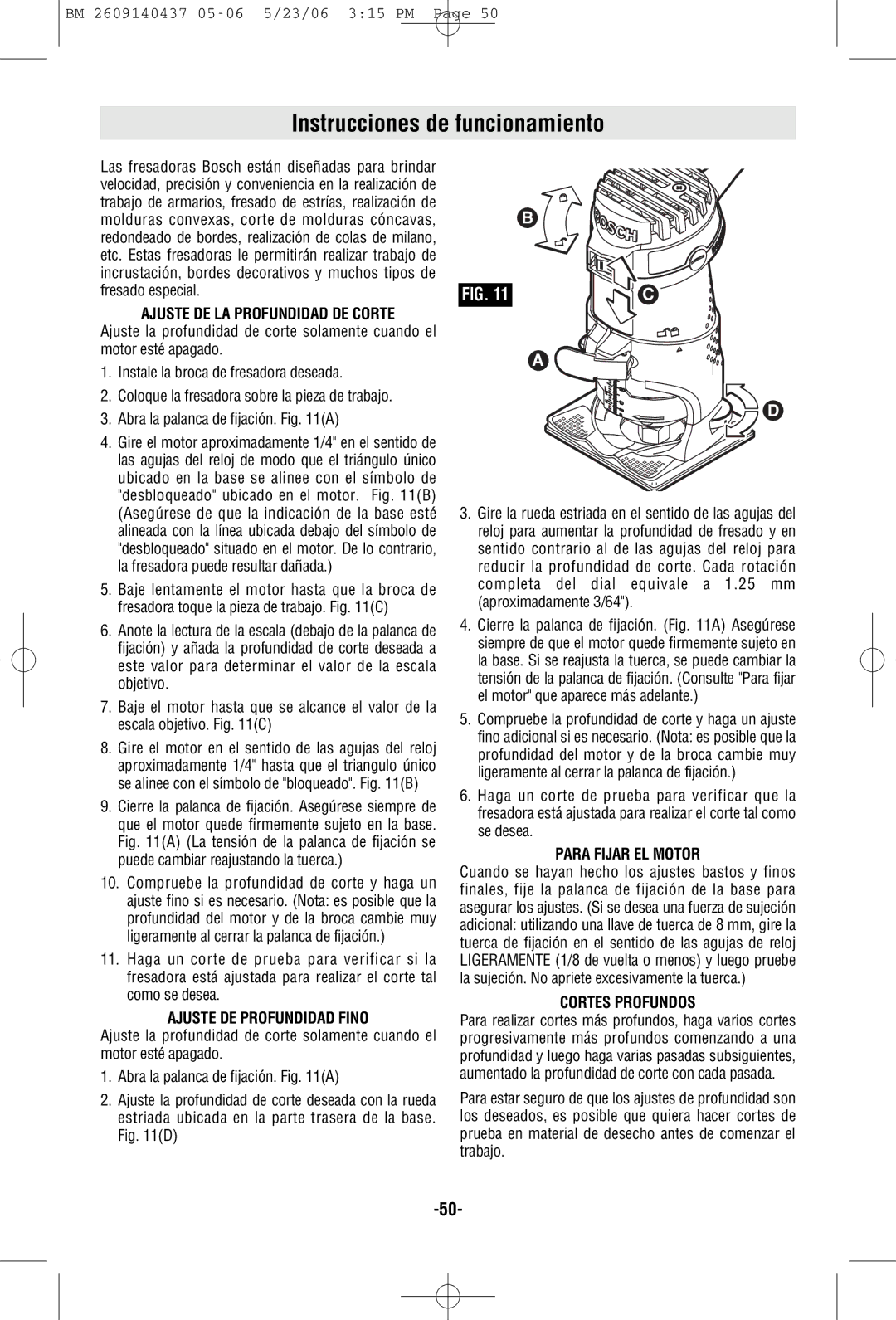 Bosch Power Tools PR10E Instrucciones de funcionamiento, Ajuste DE LA Profundidad DE Corte, Ajuste DE Profundidad Fino 