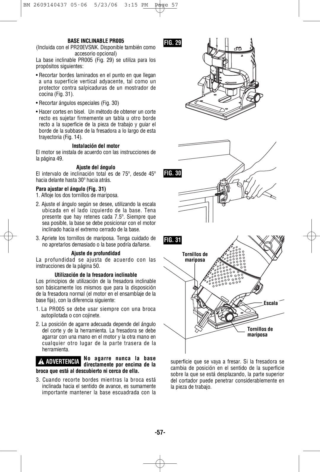 Bosch Power Tools PR20EVSNK Base Inclinable PR005, Ajuste del ángulo, Para ajustar el ángulo Fig, Ajuste de profundidad 