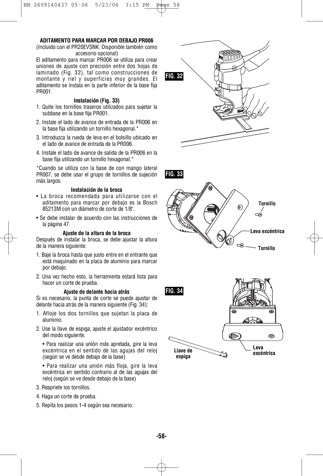 Bosch Power Tools PR20EVSK, PR20EVSNK manual Instalación Fig, Ajuste de la altura de la broca, Ajuste de delante hacia atrás 