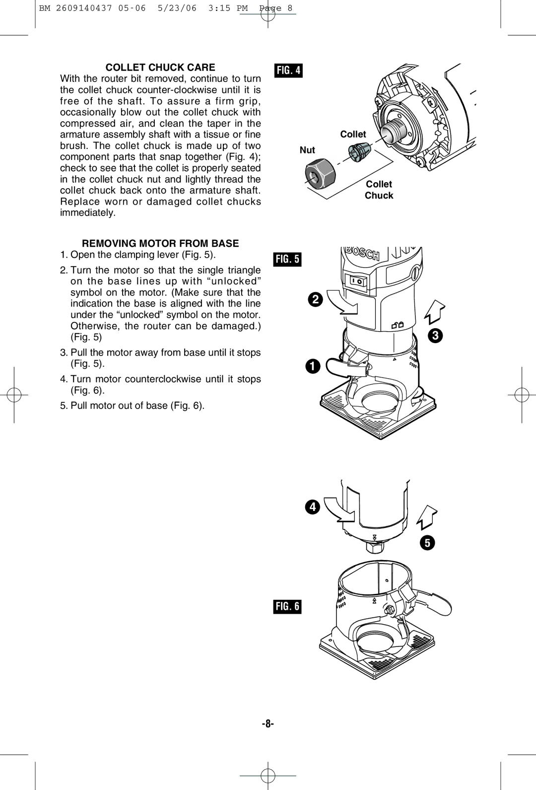 Bosch Power Tools PR10E, PR20EVSNK, PR20EVSK manual Collet Chuck Care, Removing Motor from Base, Collet Nut Chuck 