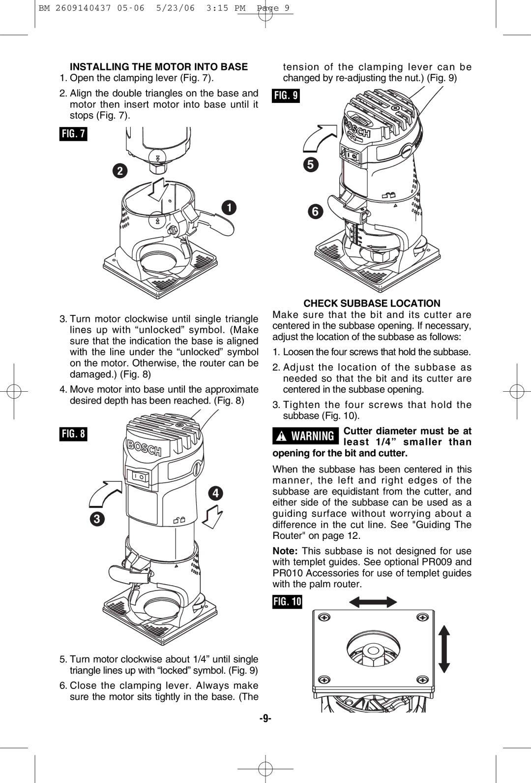 Bosch Power Tools PR20EVSNK, PR20EVSK, PR10E manual Installing the Motor Into Base, Check Subbase Location 