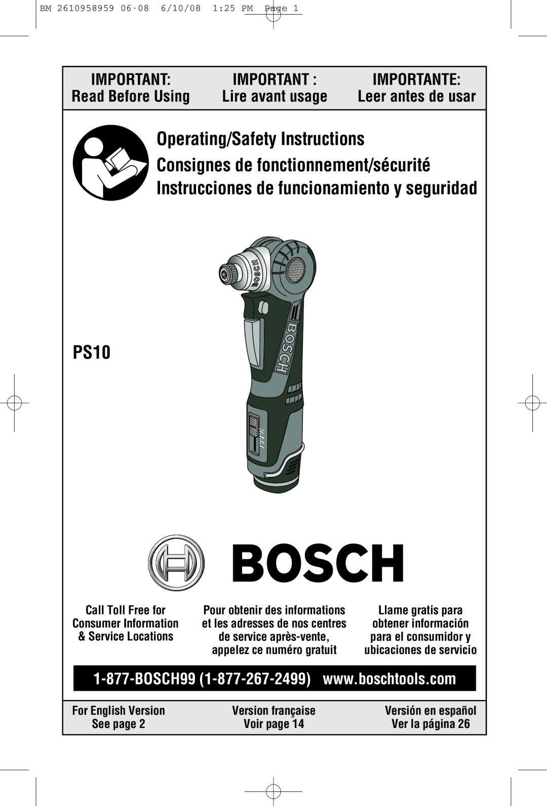 Bosch Power Tools PS10BN, PS10-2A manual Read Before Using 