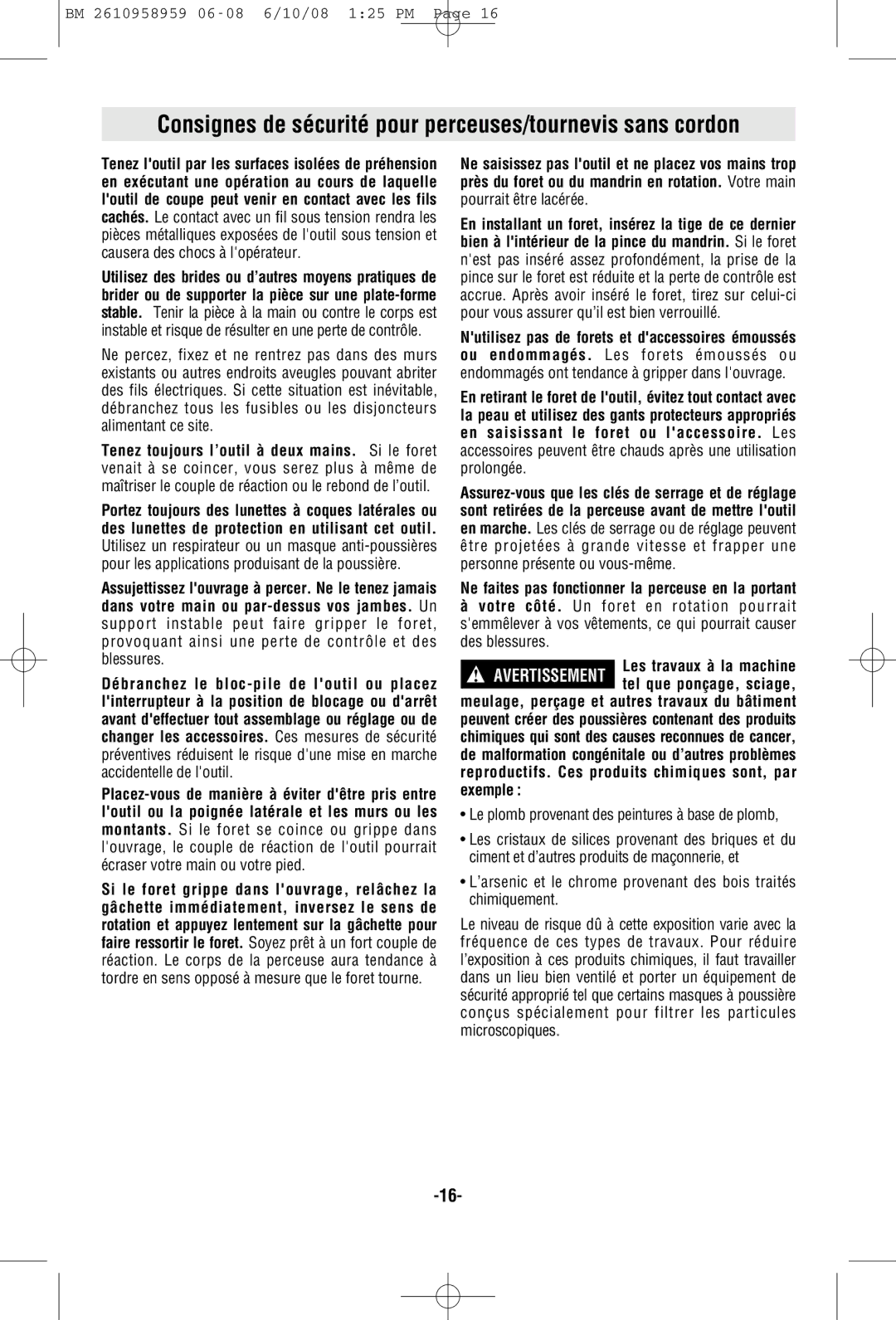 Bosch Power Tools PS10BN, PS10-2A manual Consignes de sécurité pour perceuses/tournevis sans cordon 