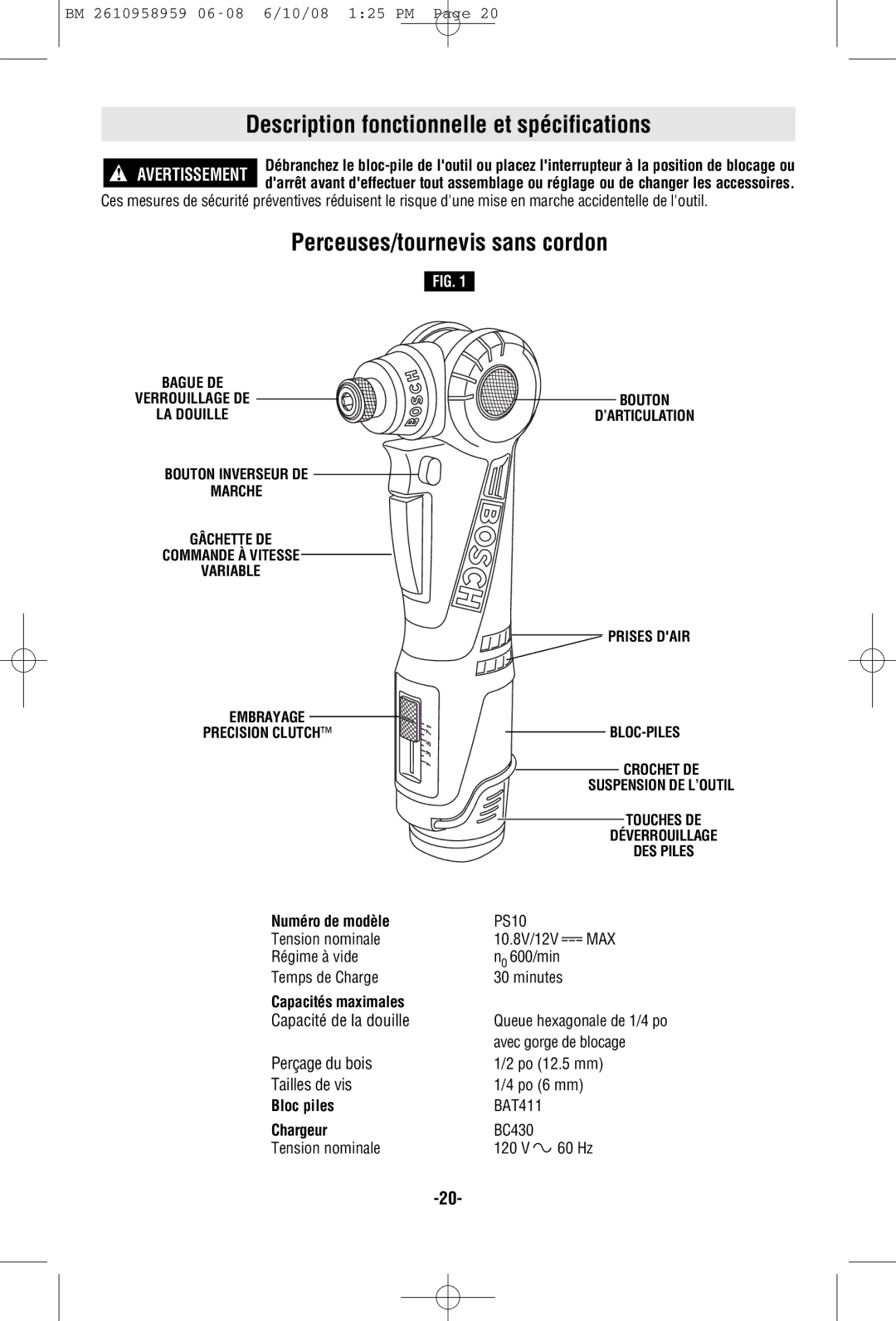 Bosch Power Tools PS10BN, PS10-2A manual Description fonctionnelle et spécifications, Perceuses/tournevis sans cordon 