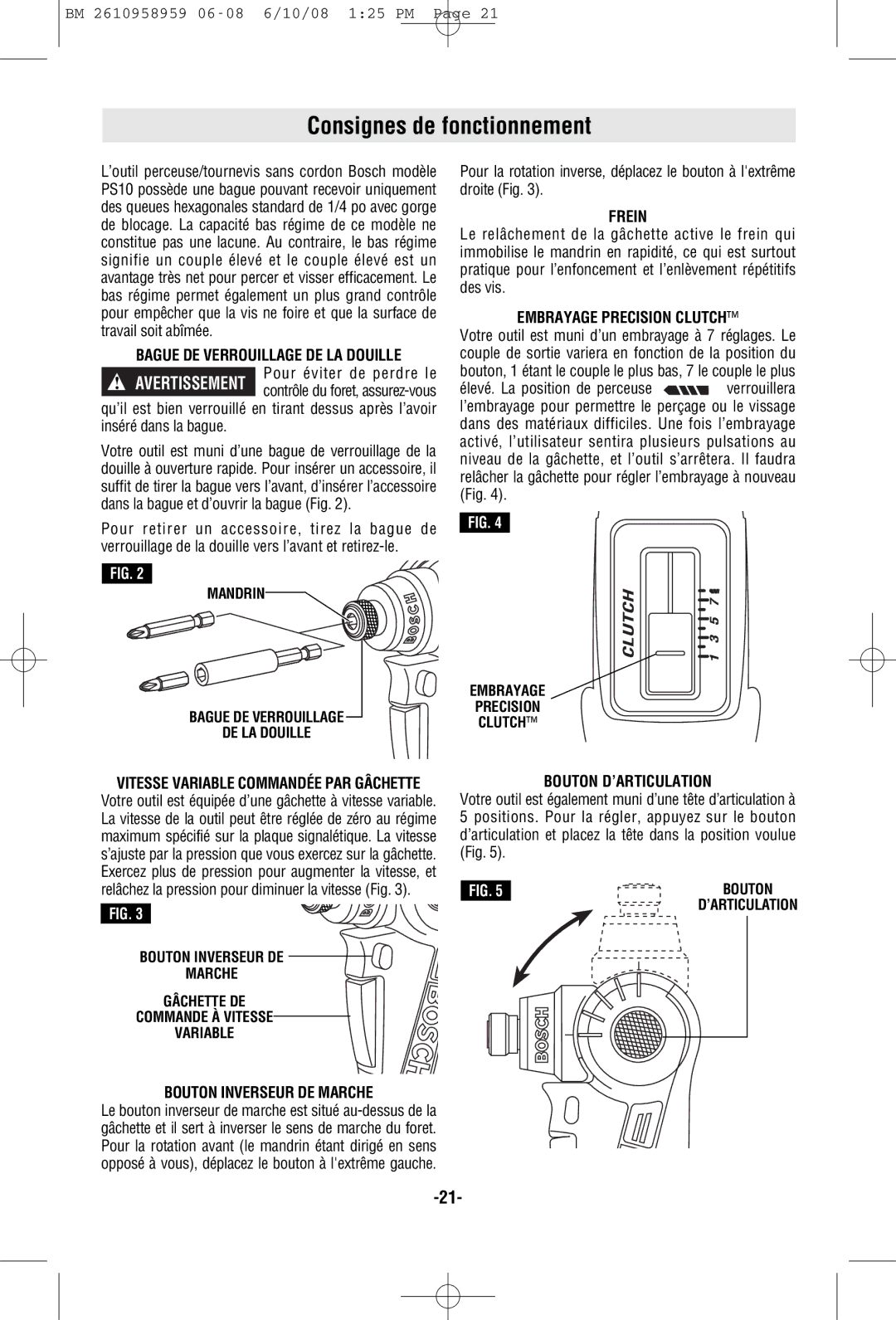 Bosch Power Tools PS10BN, PS10-2A manual Consignes de fonctionnement 