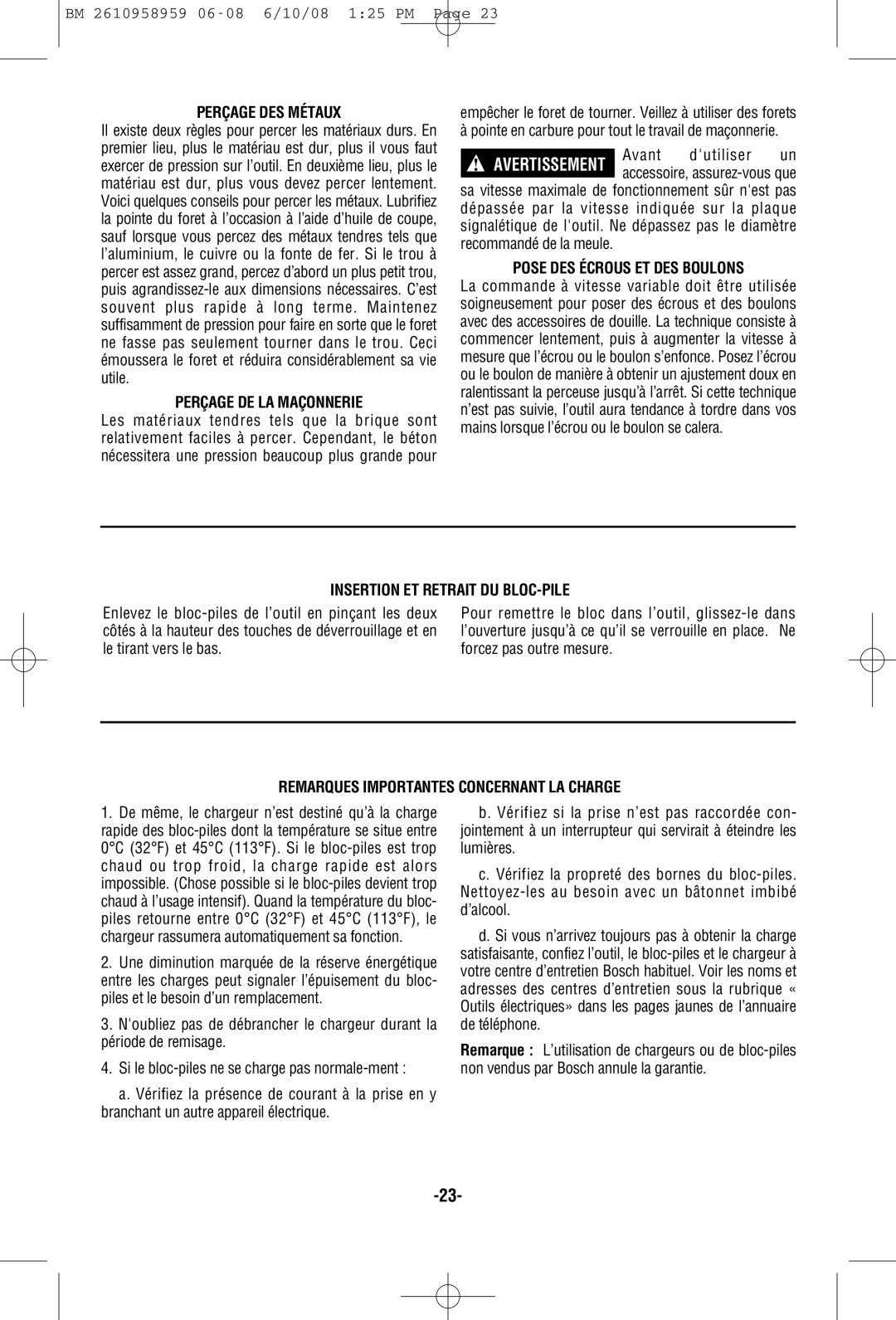 Bosch Power Tools PS10-2A, PS10BN manual Perçage DES Métaux, Perçage DE LA Maçonnerie, Pose DES Écrous ET DES Boulons 