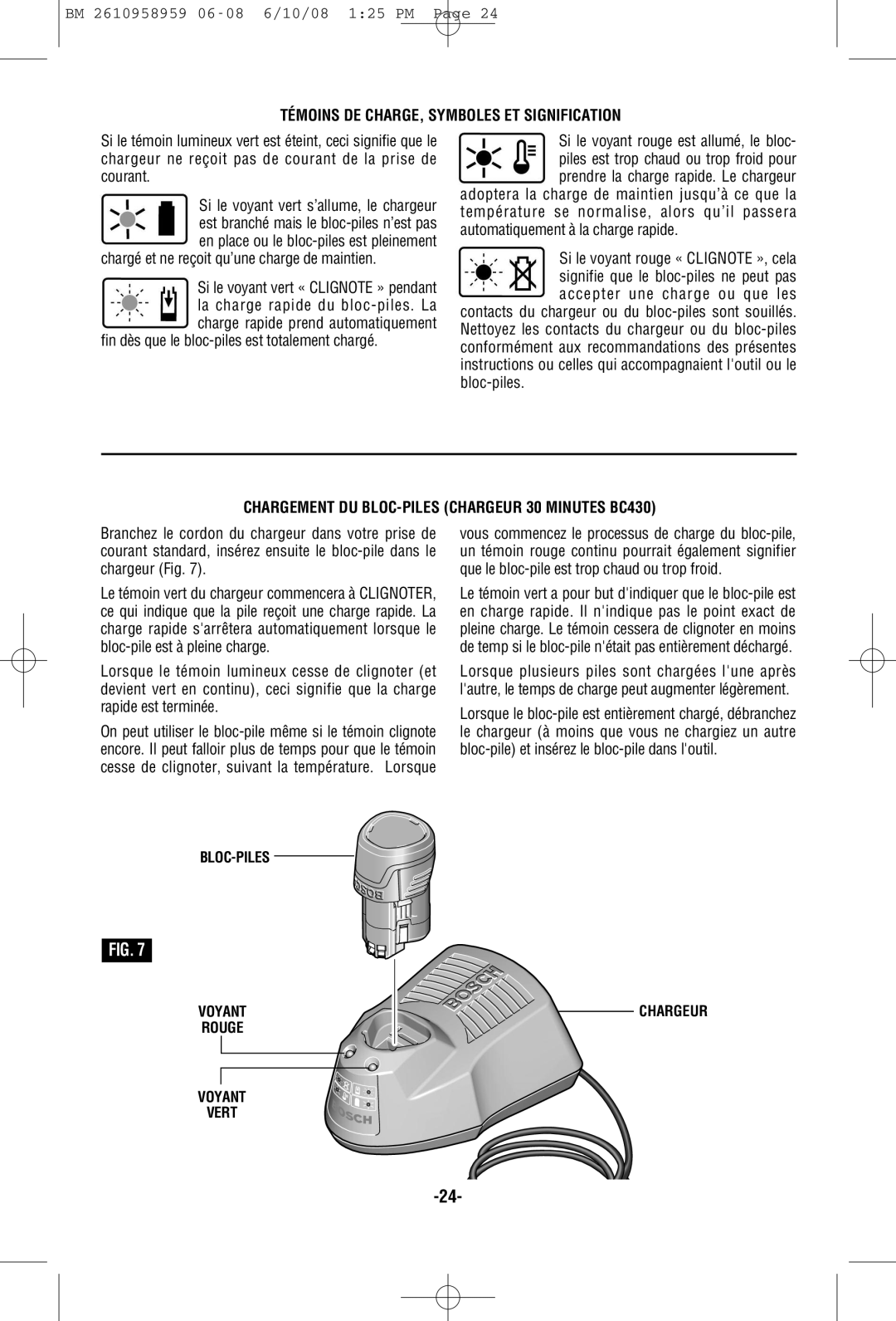 Bosch Power Tools PS10-2 Témoins DE CHARGE, Symboles ET Signification, Chargement DU BLOC-PILES Chargeur 30 Minutes BC430 