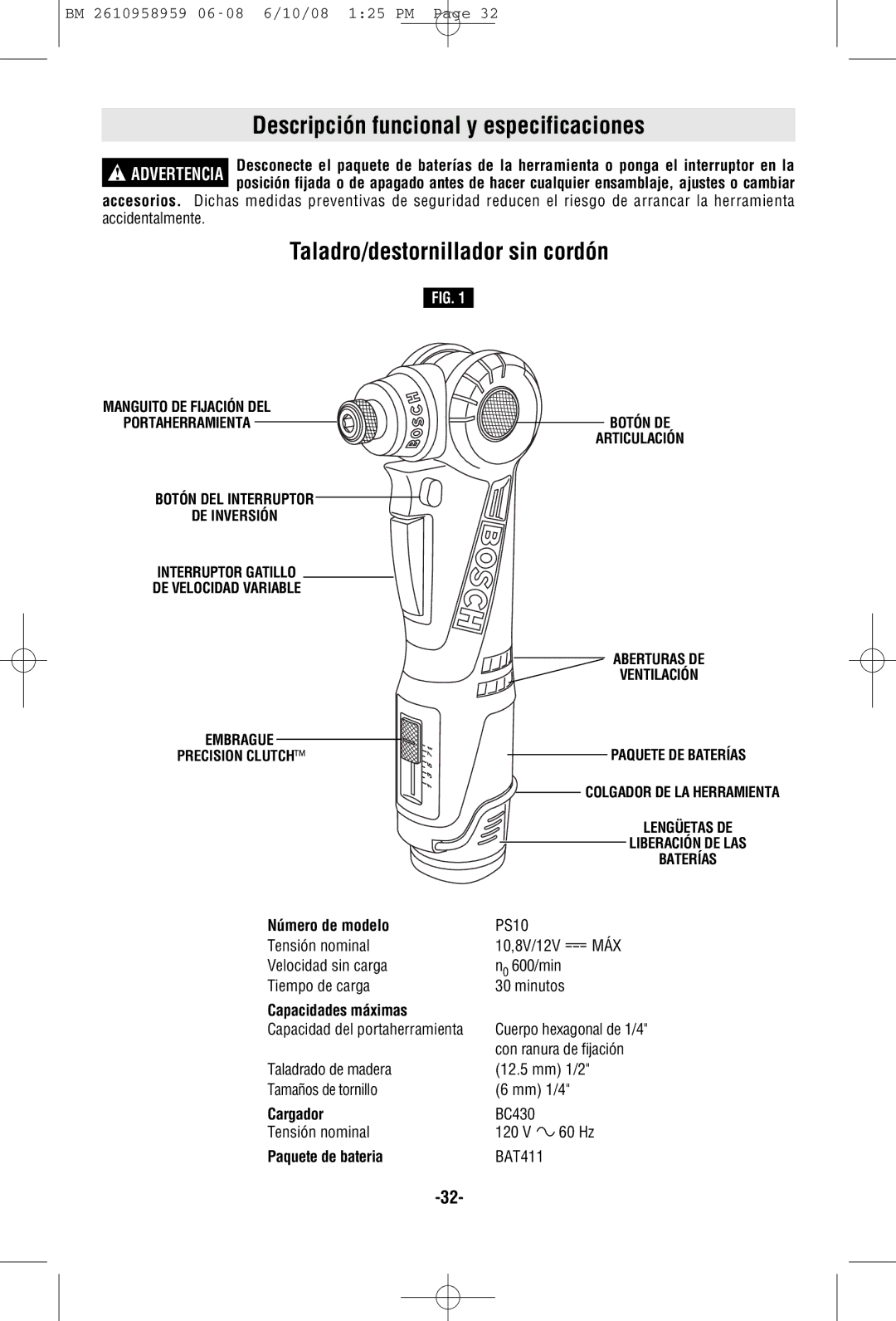 Bosch Power Tools PS10BN, PS10-2A manual Descripción funcional y especificaciones, Taladro/destornillador sin cordón 