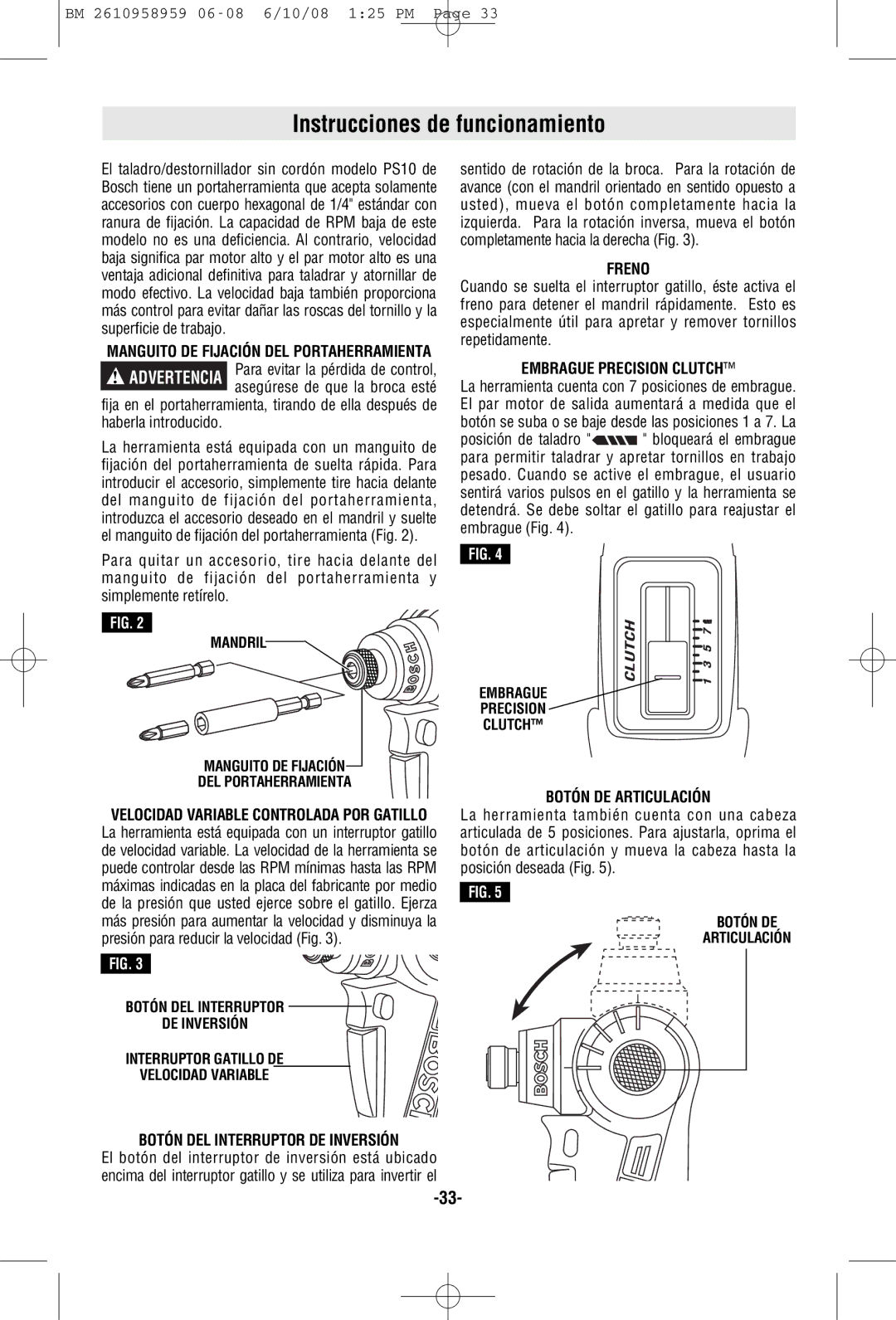 Bosch Power Tools PS10BN Instrucciones de funcionamiento, Botón DEL Interruptor DE Inversión, Freno, Botón DE Articulación 