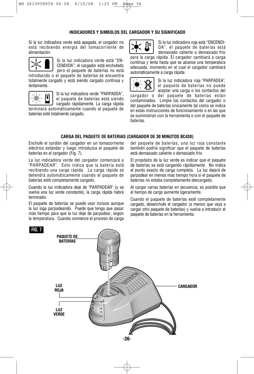 Bosch Power Tools PS10BN, PS10-2A manual Indicadores Y Simbolos DEL Cargador Y SU Significado 