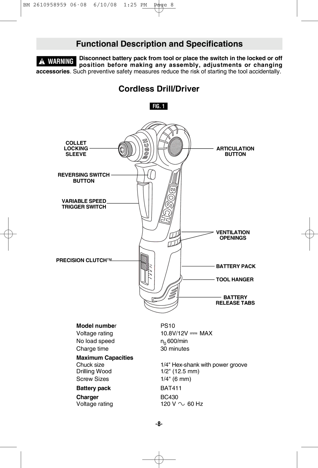 Bosch Power Tools PS10BN, PS10-2A manual Functional Description and Specifications, Cordless Drill/Driver 