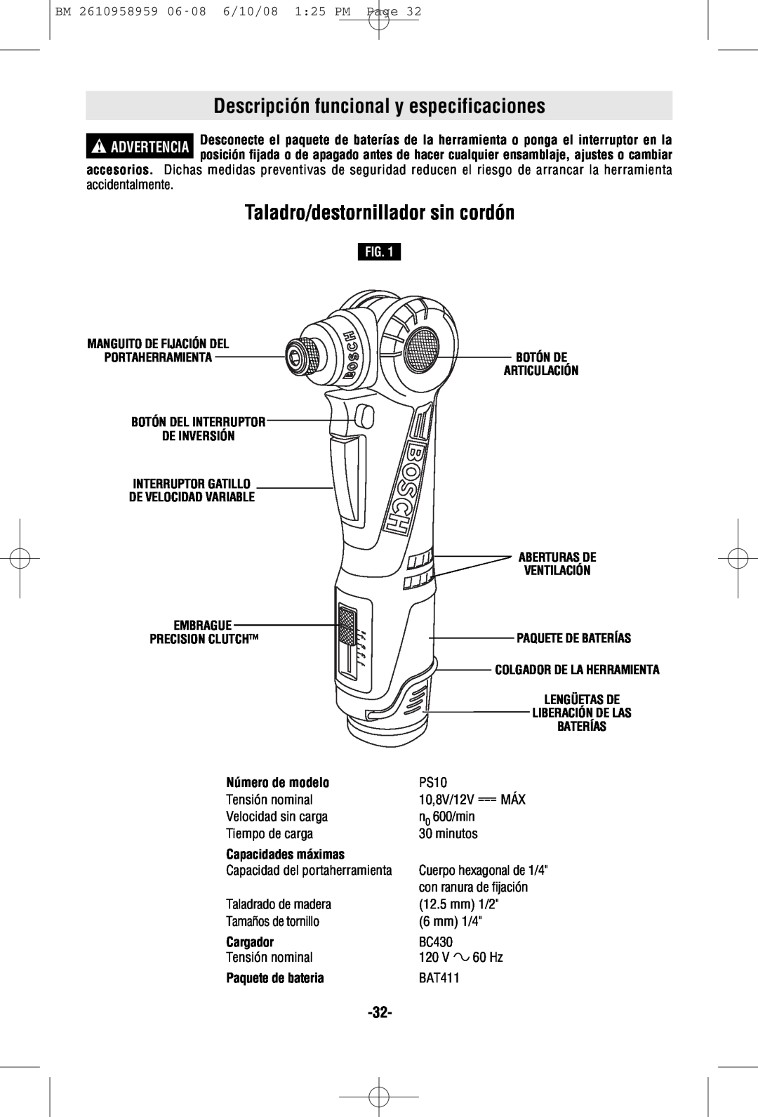 Bosch Power Tools PS10-2 Descripción funcional y especificaciones, Taladro/destornillador sin cordón, Número de modelo 