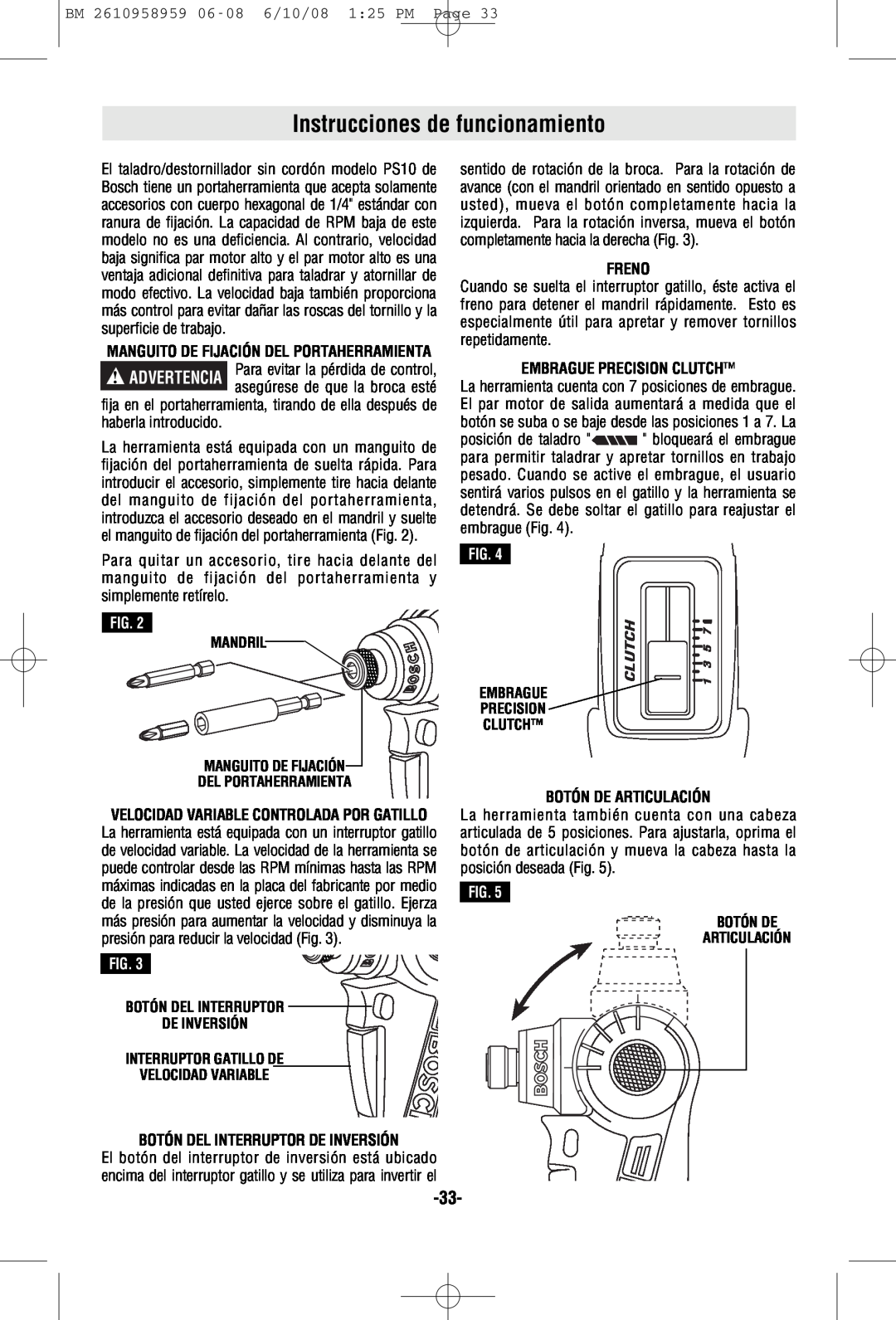 Bosch Power Tools PS10BN Instrucciones de funcionamiento, Botón Del Interruptor De Inversión, Freno, Botón De Articulación 
