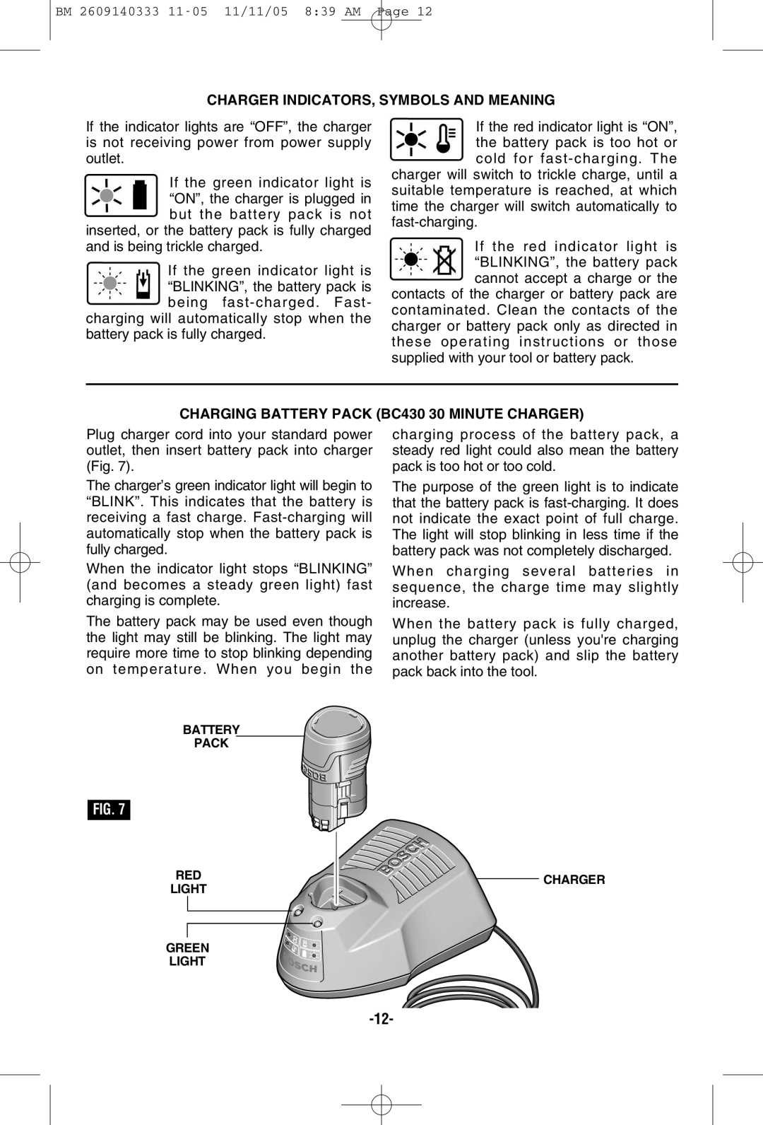 Bosch Power Tools PS10 manual Charger INDICATORS, Symbols and Meaning, Charging Battery Pack BC430 30 Minute Charger 