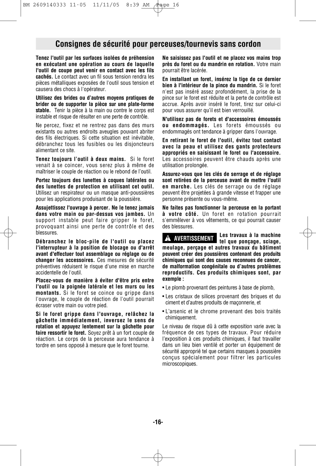 Bosch Power Tools PS10 manual Consignes de sécurité pour perceuses/tournevis sans cordon 