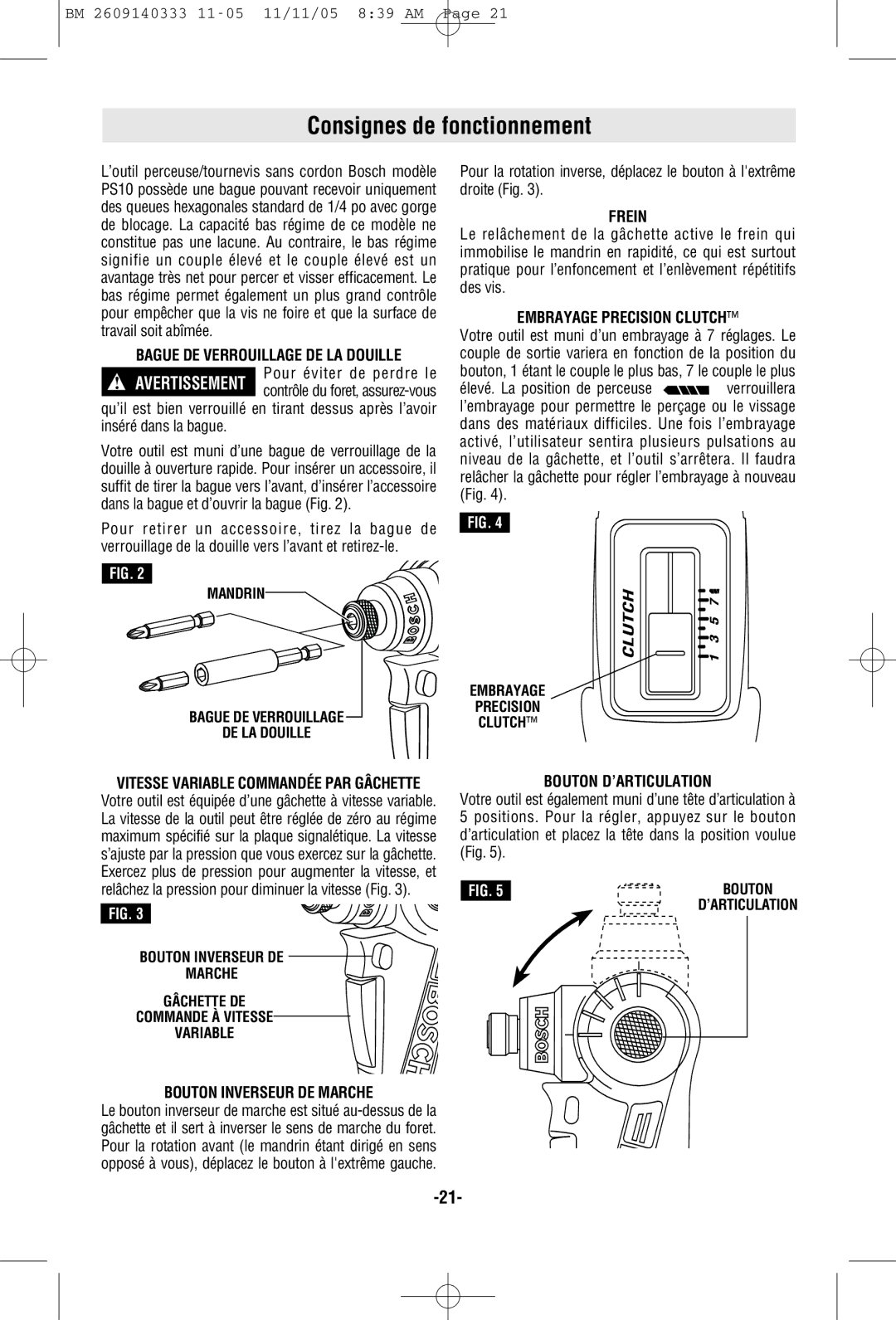 Bosch Power Tools PS10 manual Consignes de fonctionnement 