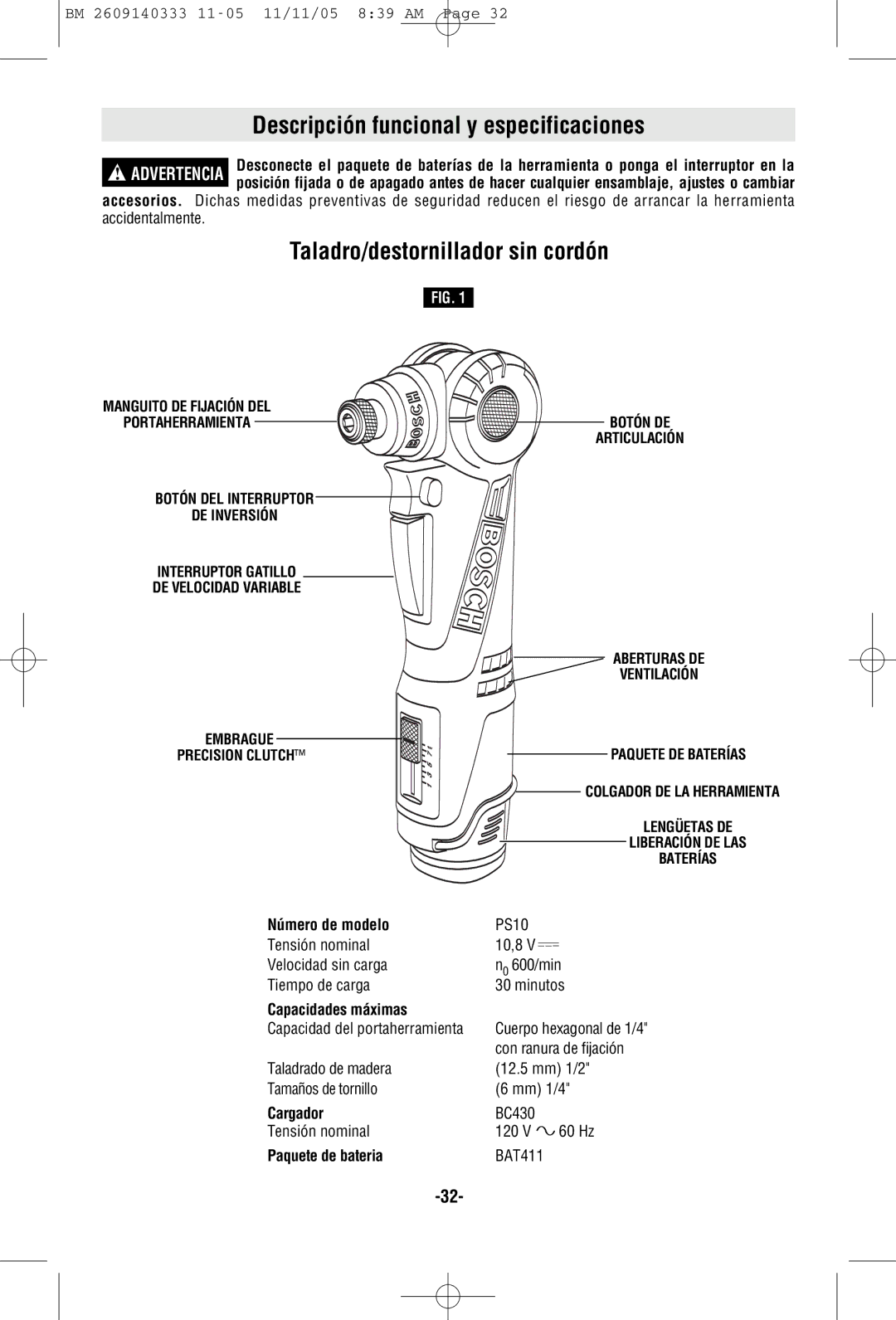 Bosch Power Tools PS10 manual Descripción funcional y especificaciones, Taladro/destornillador sin cordón 