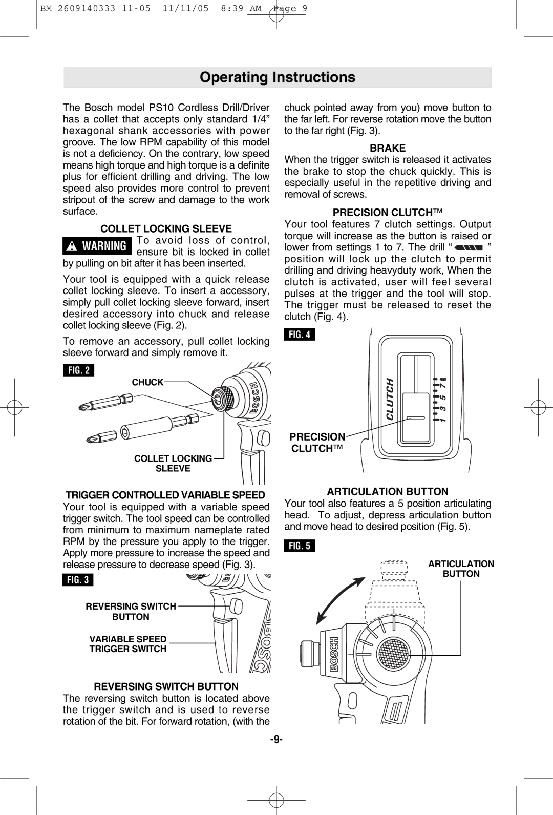 Bosch Power Tools PS10 manual Operating Instructions 