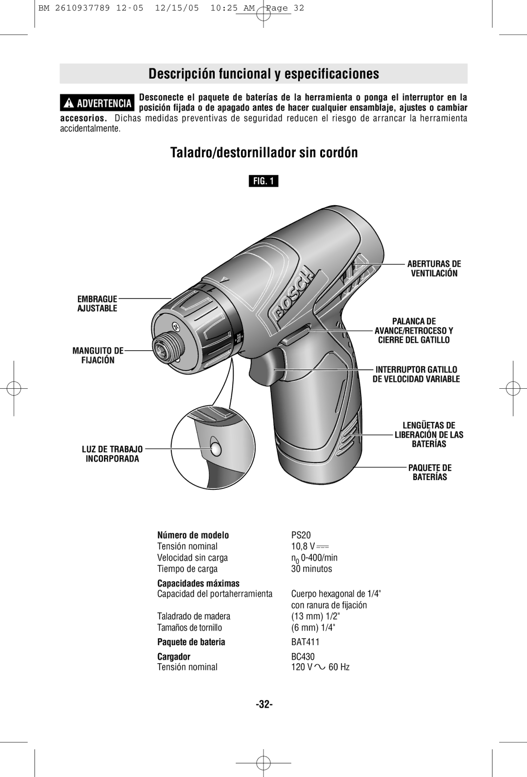 Bosch Power Tools PS20-2, PS20B manual Descripción funcional y especificaciones, Taladro/destornillador sin cordón 