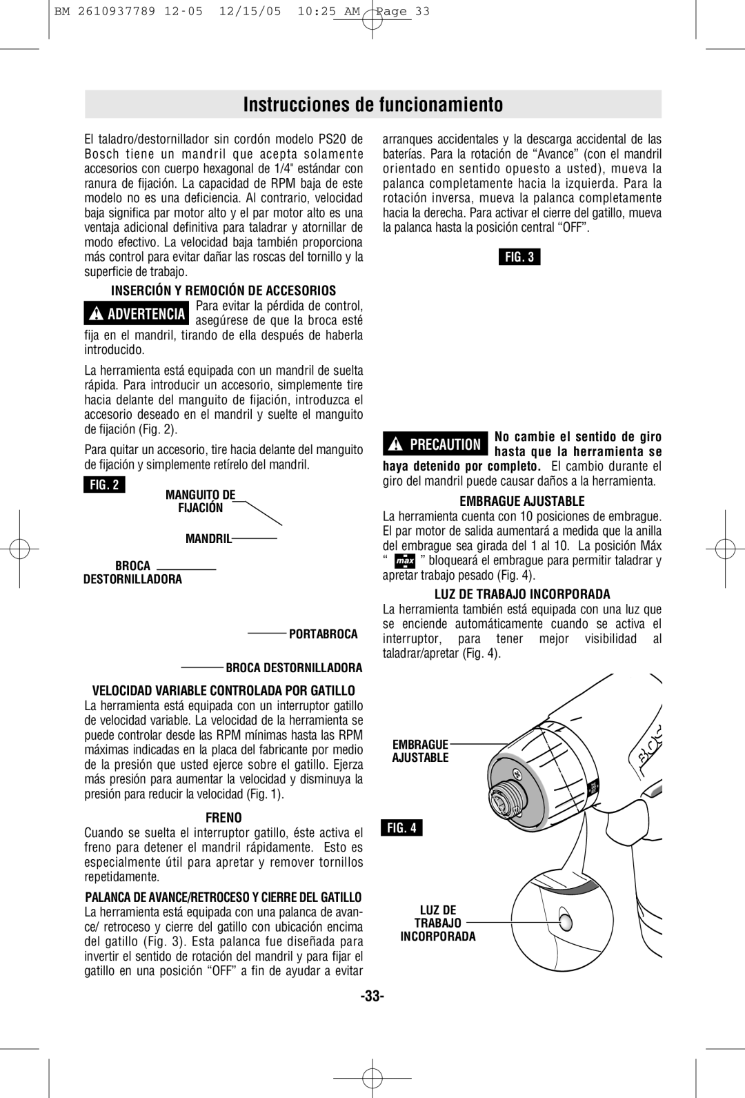 Bosch Power Tools PS20B Instrucciones de funcionamiento, Inserción Y Remoción DE Accesorios, Freno, Embrague Ajustable 