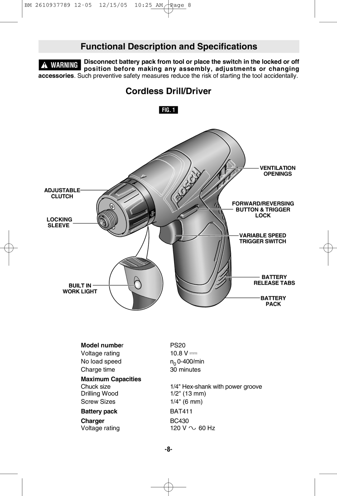 Bosch Power Tools PS20-2, PS20B manual Functional Description and Specifications, Cordless Drill/Driver 