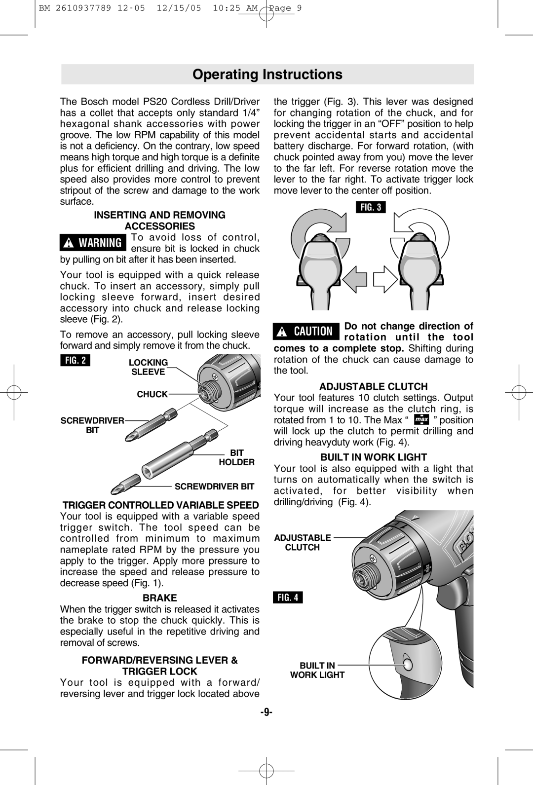 Bosch Power Tools PS20B, PS20-2 manual Operating Instructions 