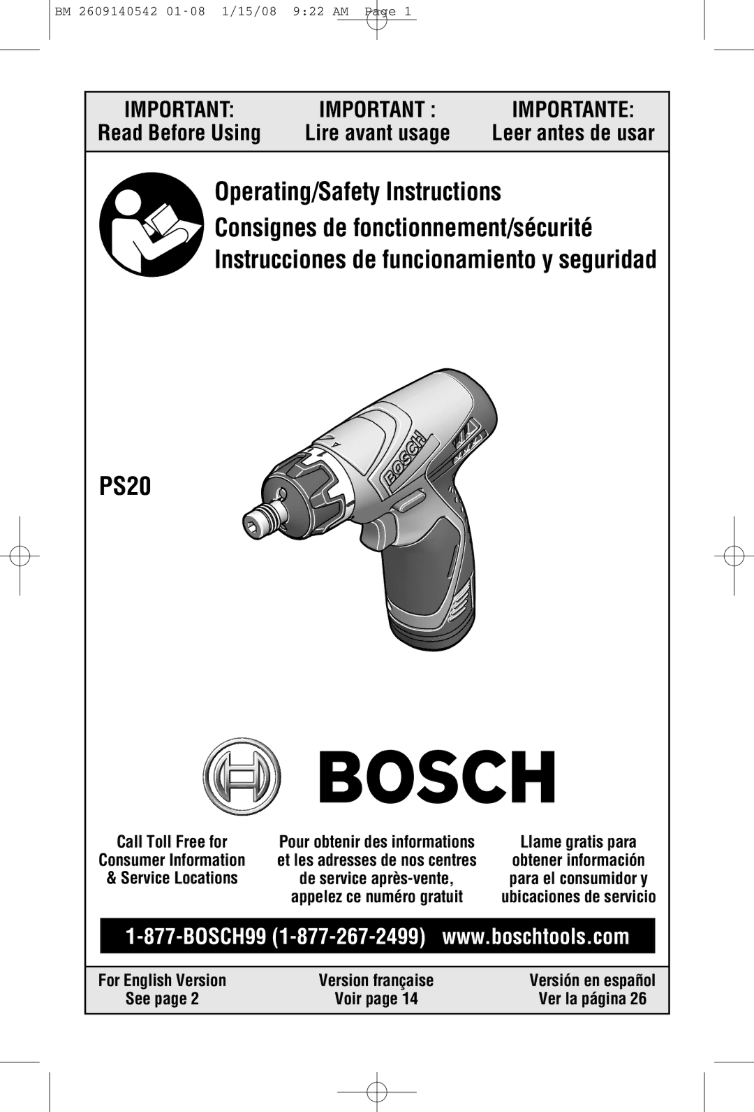 Bosch Power Tools PS20 manual Read Before Using 