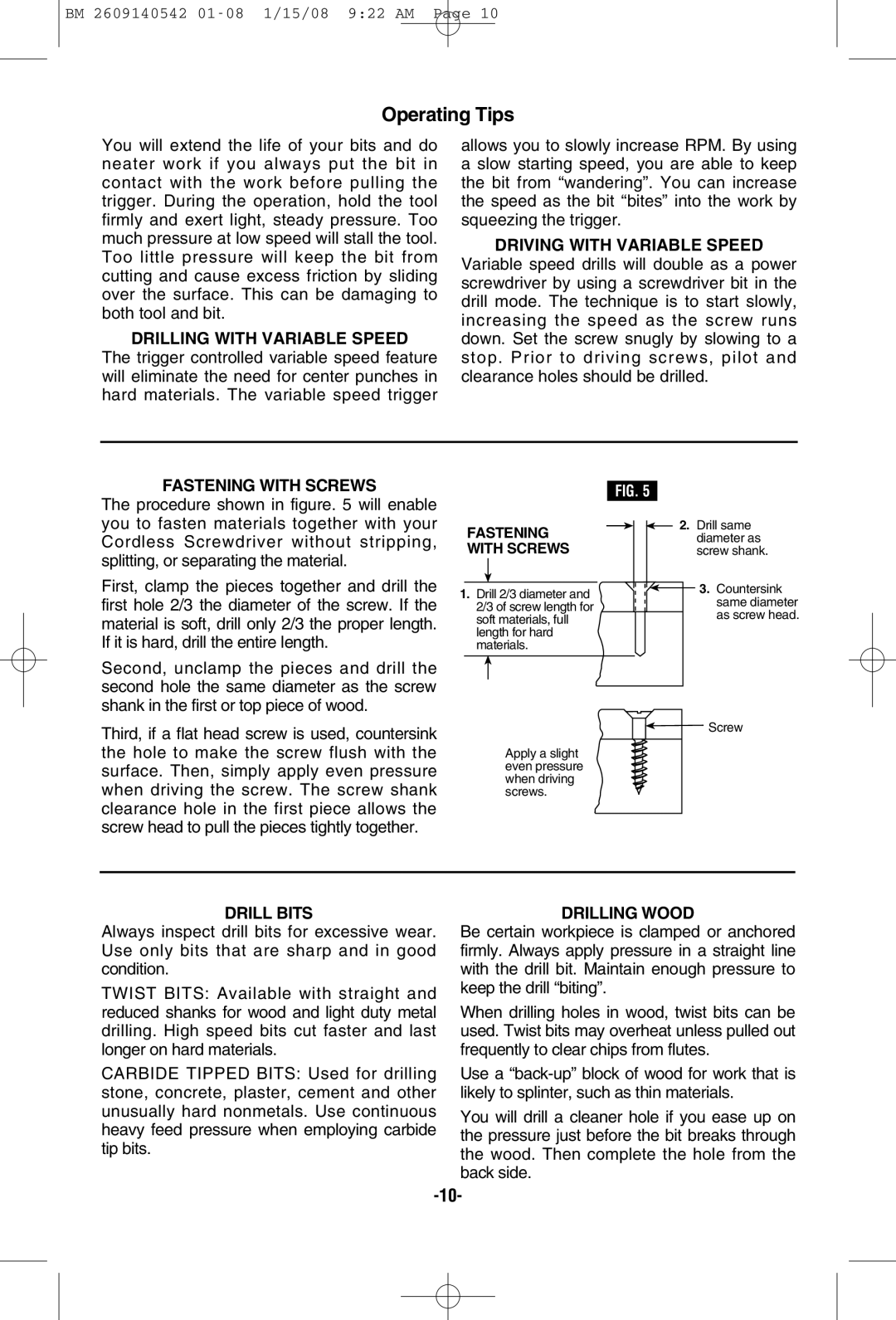 Bosch Power Tools PS20 manual Operating Tips 