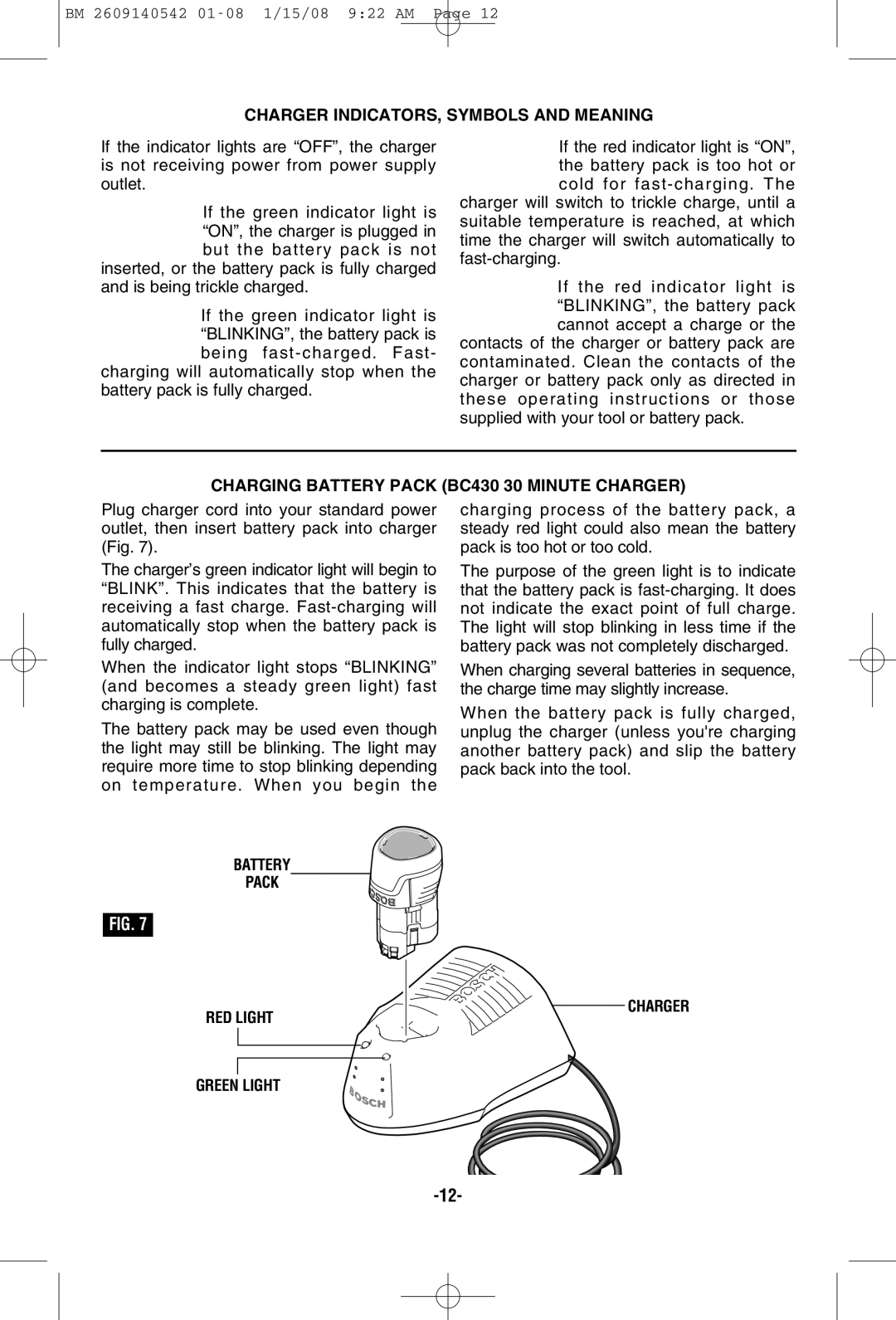 Bosch Power Tools PS20 manual Charger INDICATORS, Symbols and Meaning, Charging Battery Pack BC430 30 Minute Charger 