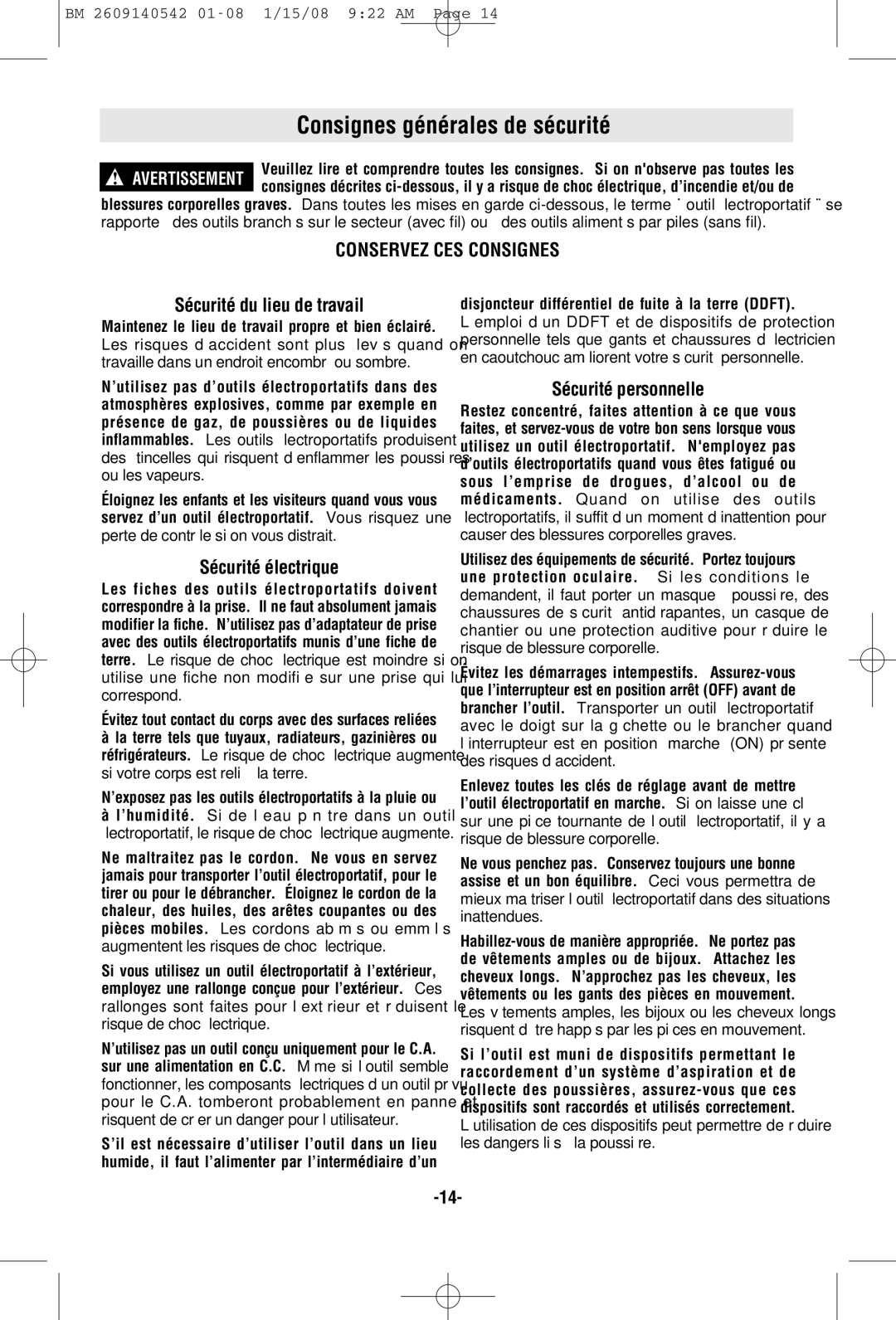 Bosch Power Tools PS20 manual Consignes générales de sécurité, Sécurité du lieu de travail, Sécurité électrique 