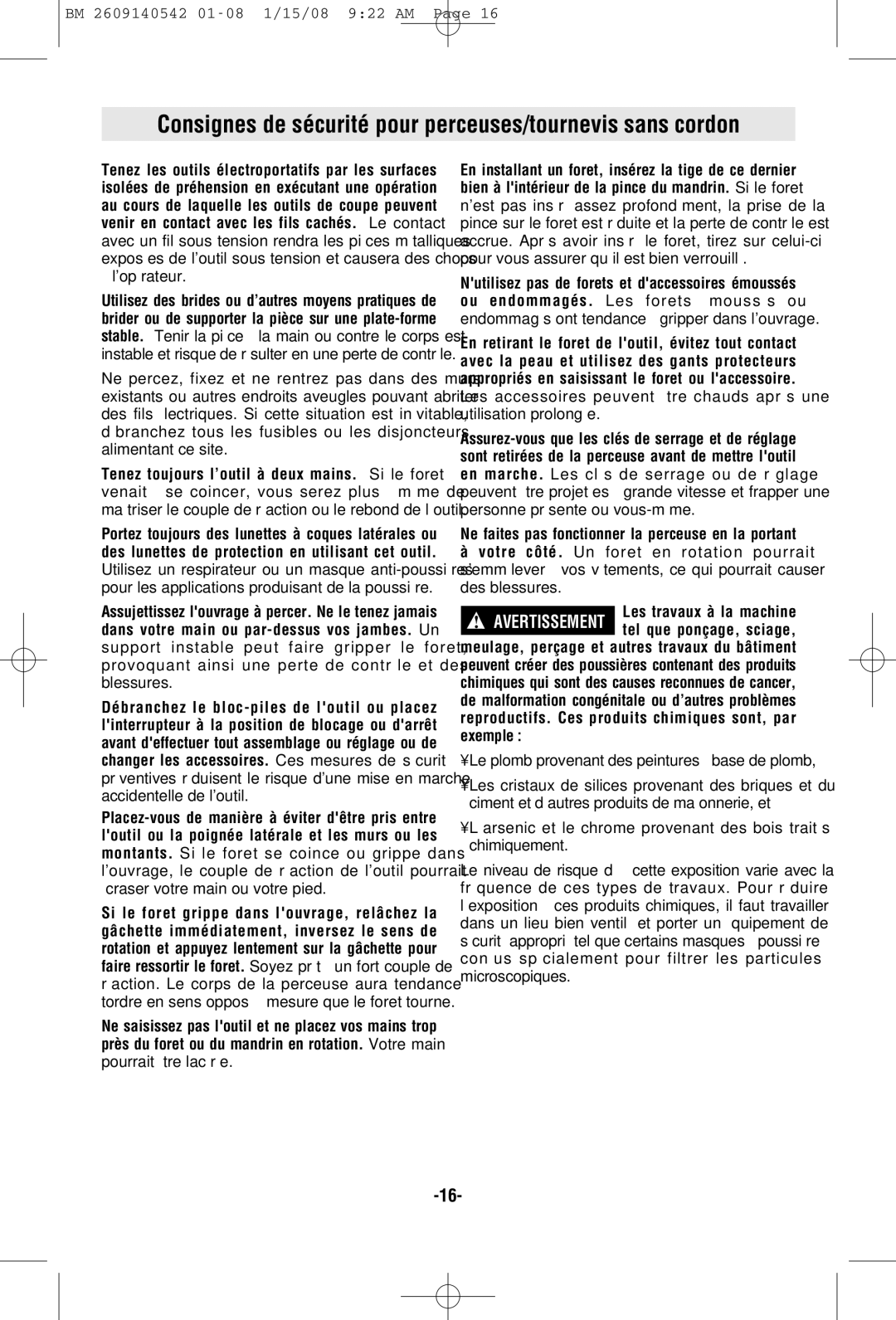 Bosch Power Tools PS20 manual Consignes de sécurité pour perceuses/tournevis sans cordon 