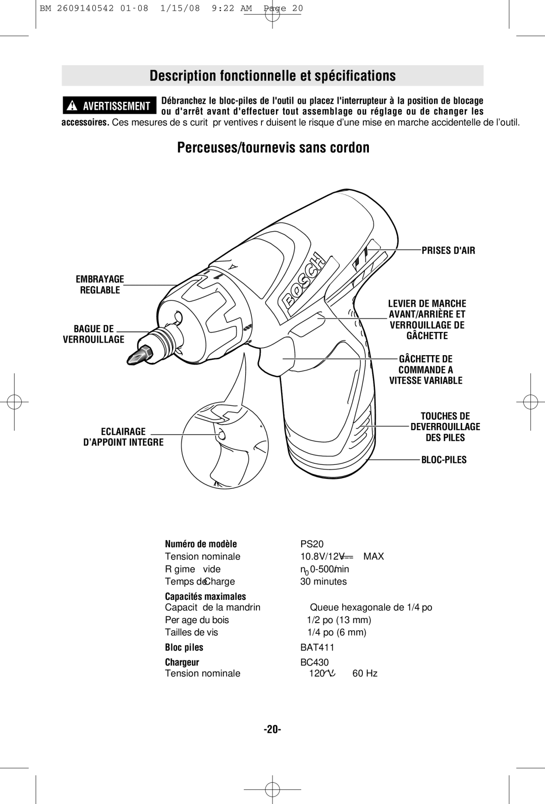 Bosch Power Tools PS20 manual Description fonctionnelle et spécifications, Perceuses/tournevis sans cordon 