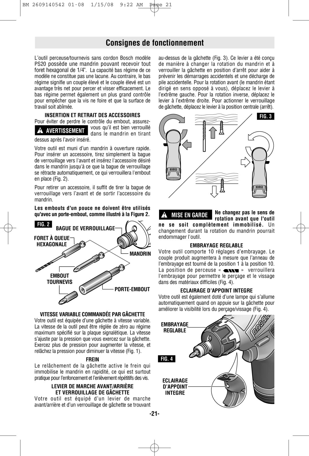 Bosch Power Tools PS20 manual Consignes de fonctionnement 