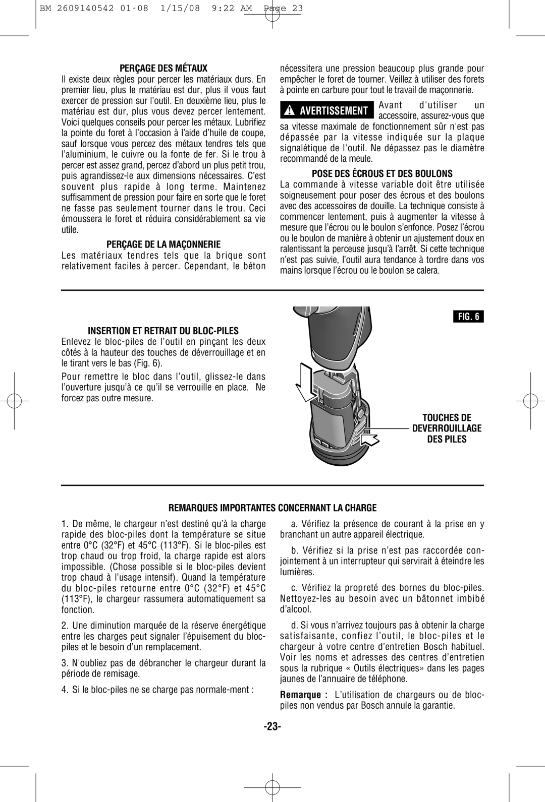 Bosch Power Tools PS20 manual Perçage DES Métaux, Perçage DE LA Maçonnerie, Pose DES Écrous ET DES Boulons 