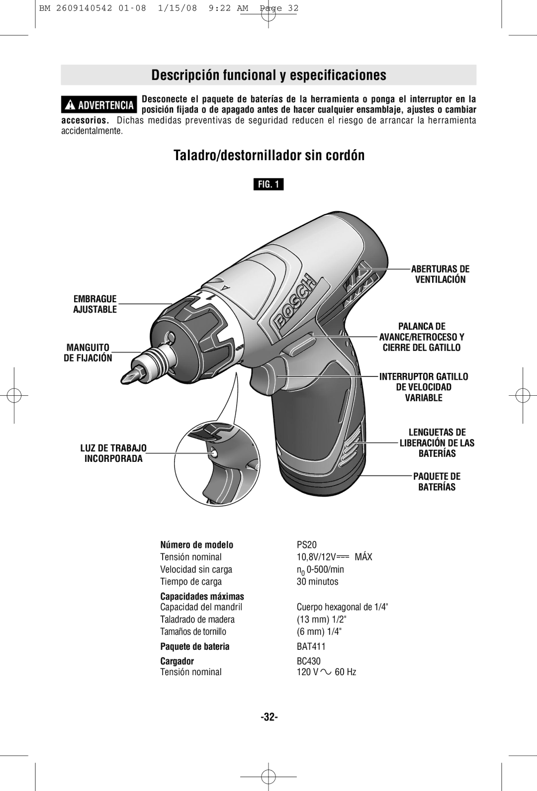 Bosch Power Tools PS20 Descripción funcional y especificaciones, Taladro/destornillador sin cordón, Embrague Ajustable 