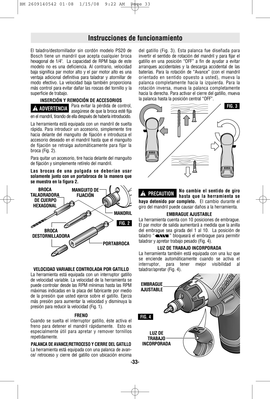 Bosch Power Tools PS20 manual Instrucciones de funcionamiento 