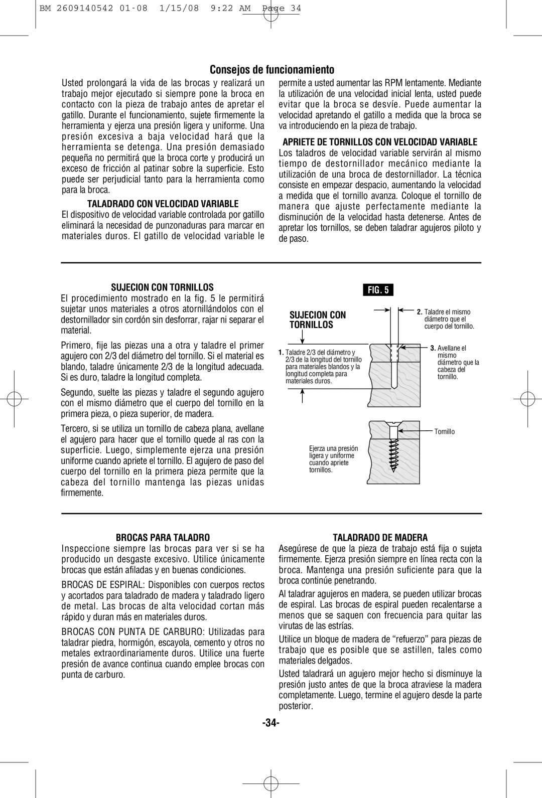 Bosch Power Tools PS20 manual Consejos de funcionamiento, Taladrado CON Velocidad Variable, Sujecion CON Tornillos 