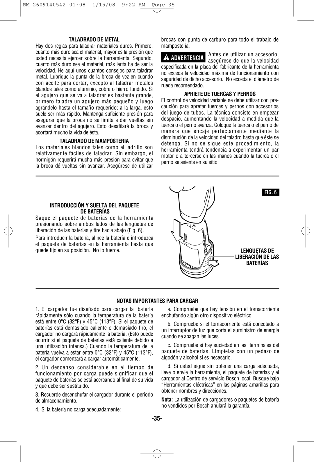 Bosch Power Tools PS20 manual Taladrado DE Metal, Taladrado DE Mamposteria, Apriete DE Tuercas Y Pernos 