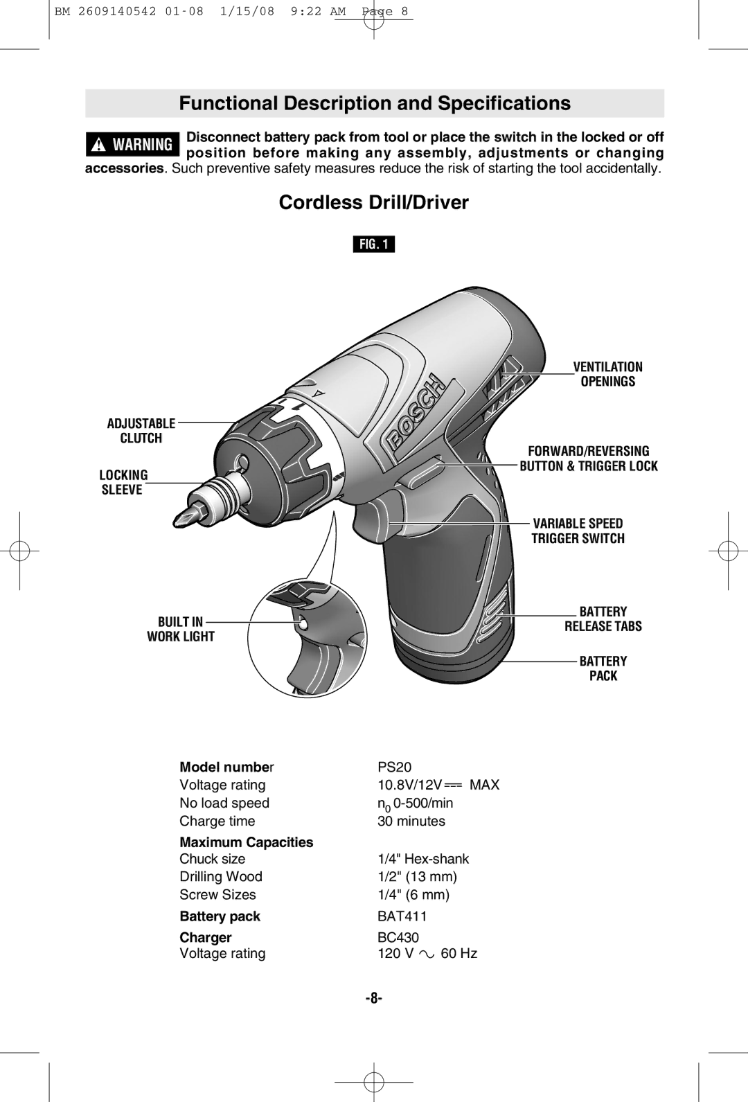 Bosch Power Tools PS20 Functional Description and Specifications, Cordless Drill/Driver, Variable Speed, Trigger Switch 