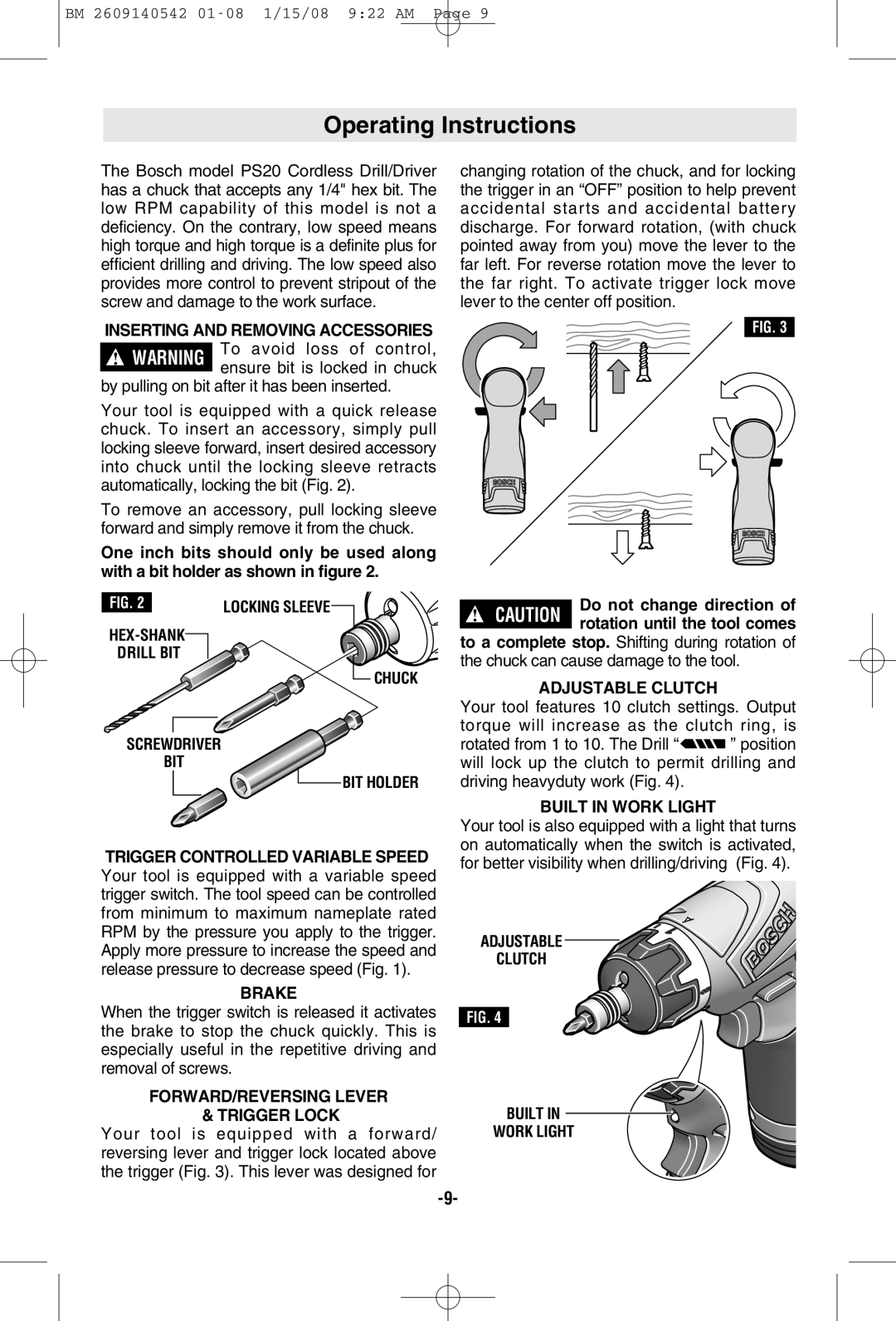 Bosch Power Tools PS20 manual Operating Instructions 