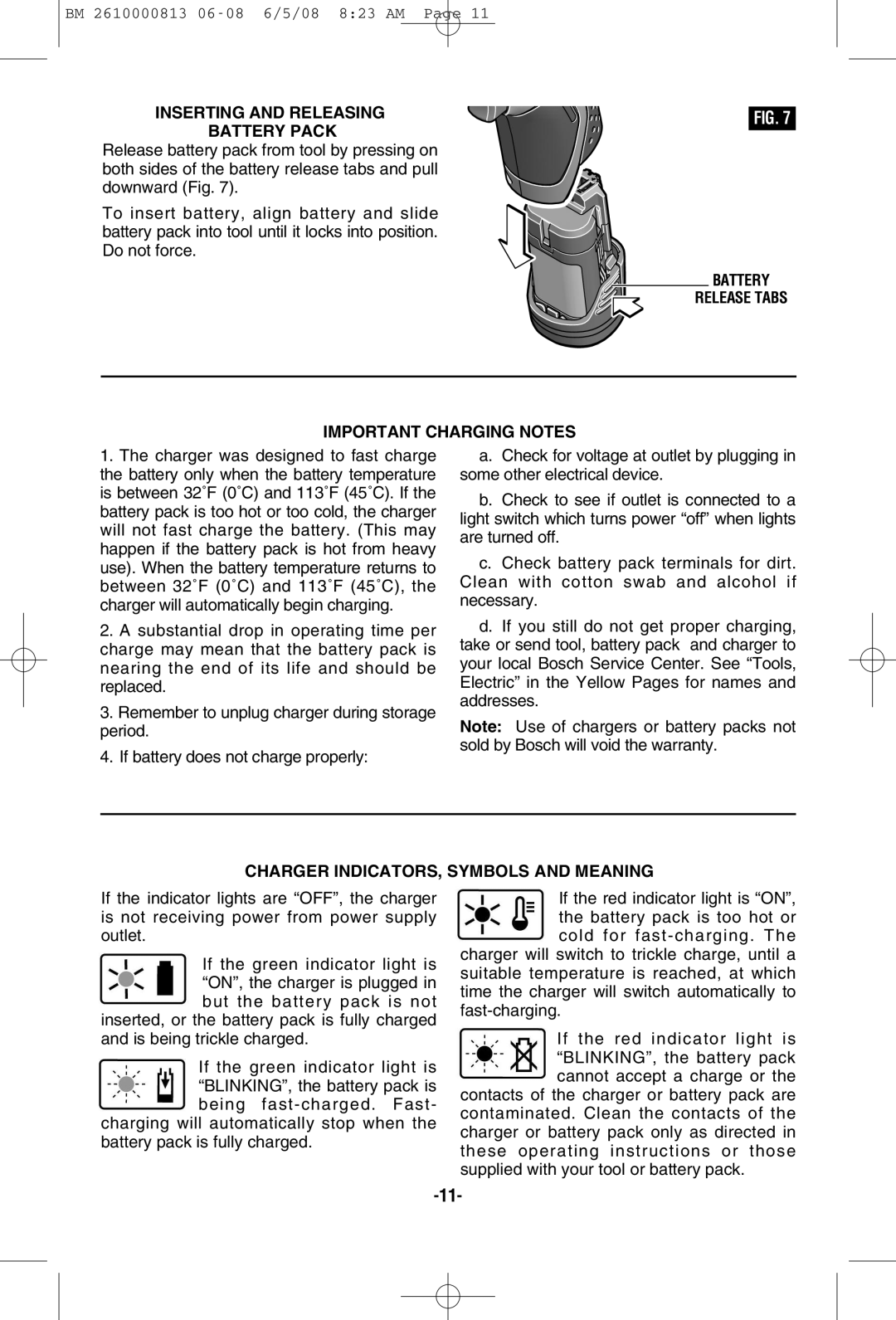 Bosch Power Tools PS30 manual Inserting and Releasing Battery Pack, Battery Release Tabs Important Charging Notes 