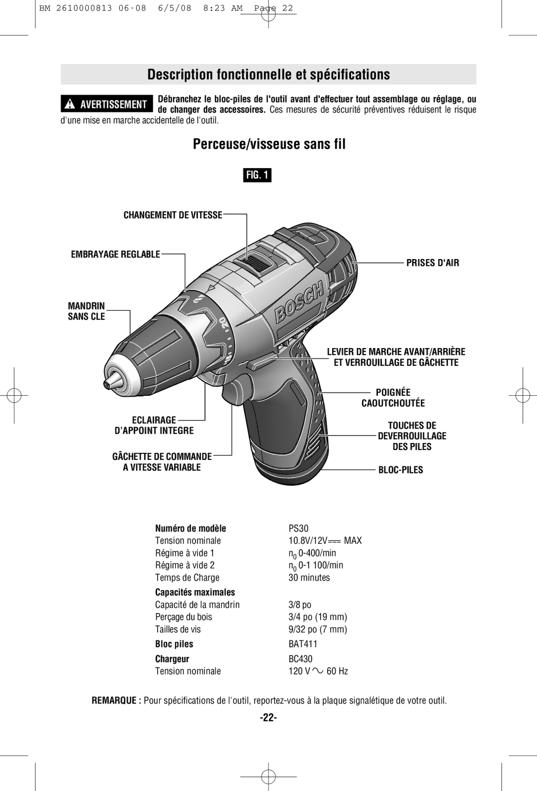 Bosch Power Tools PS30 Description fonctionnelle et spécifications, Perceuse/visseuse sans fil, Prises Dair, Bloc-Piles 